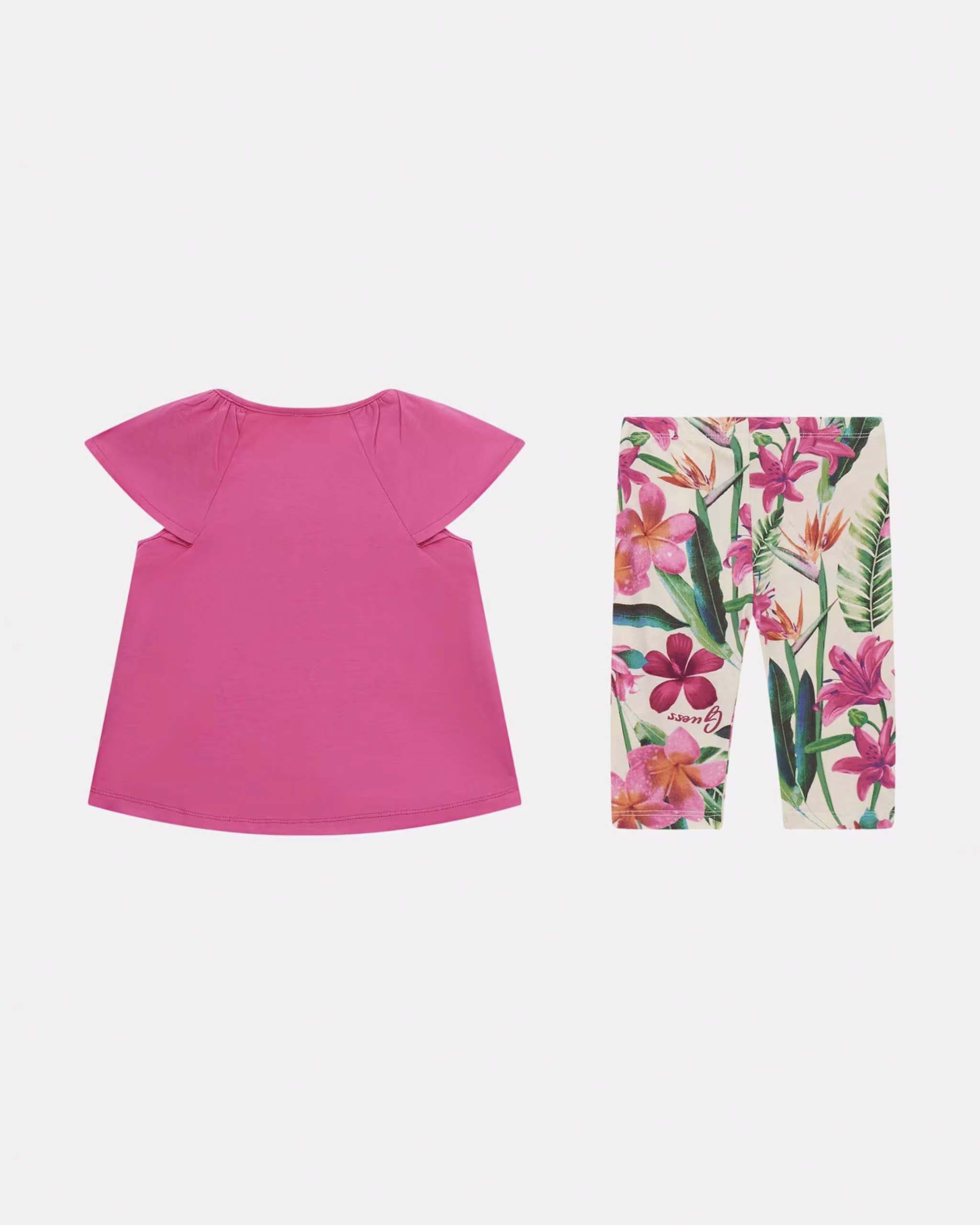 Completo t-shirt e leggins in cotone stretch fucsia con fantasia tropicale image