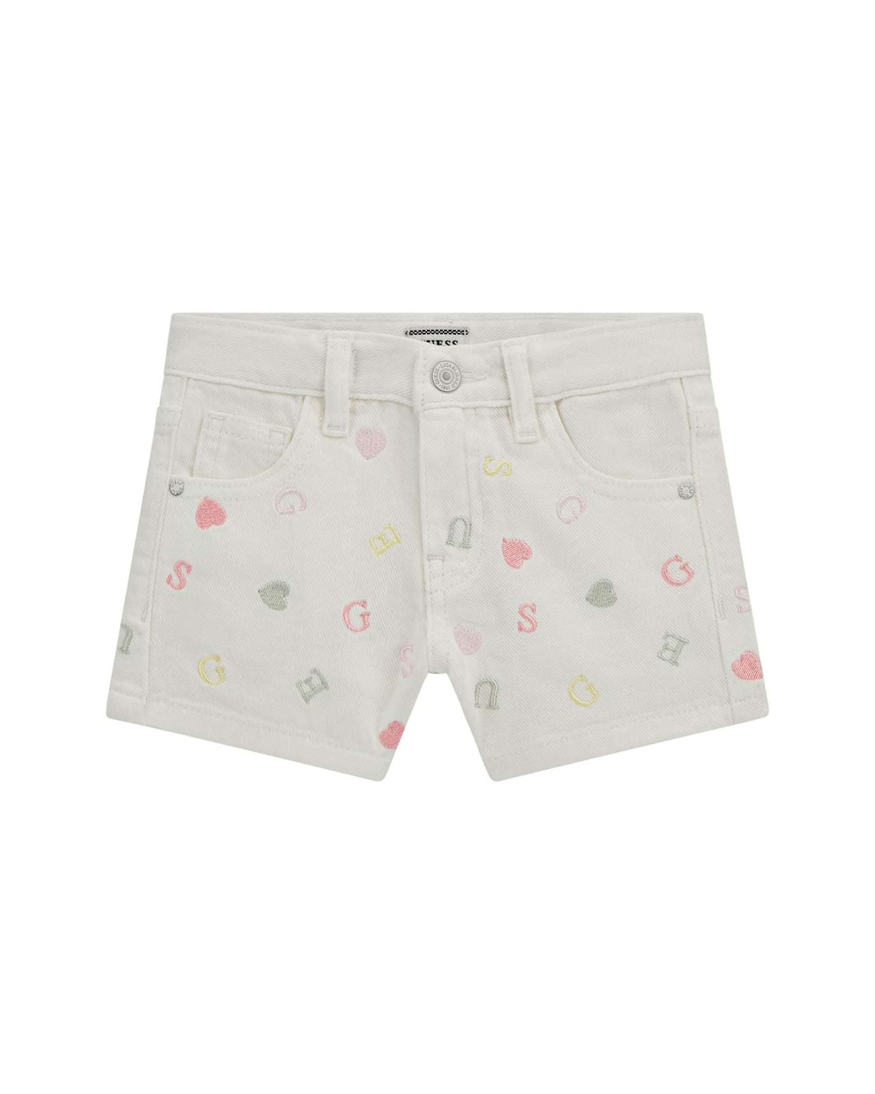 Short bianco in denim di puro cotone con ricami lettering colorati all-over