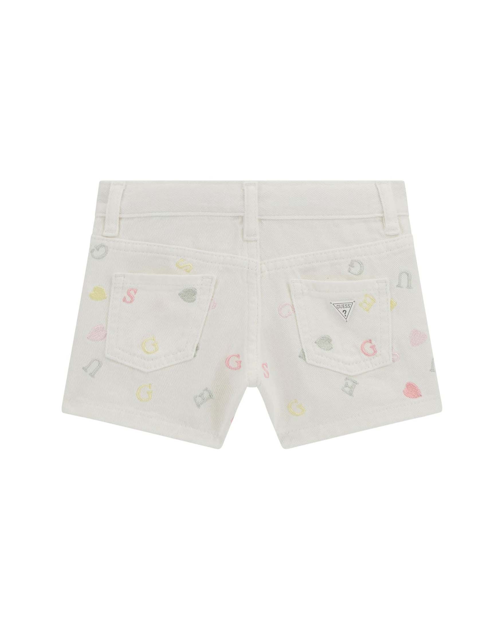 Short bianco in denim di puro cotone con ricami lettering colorati all-over