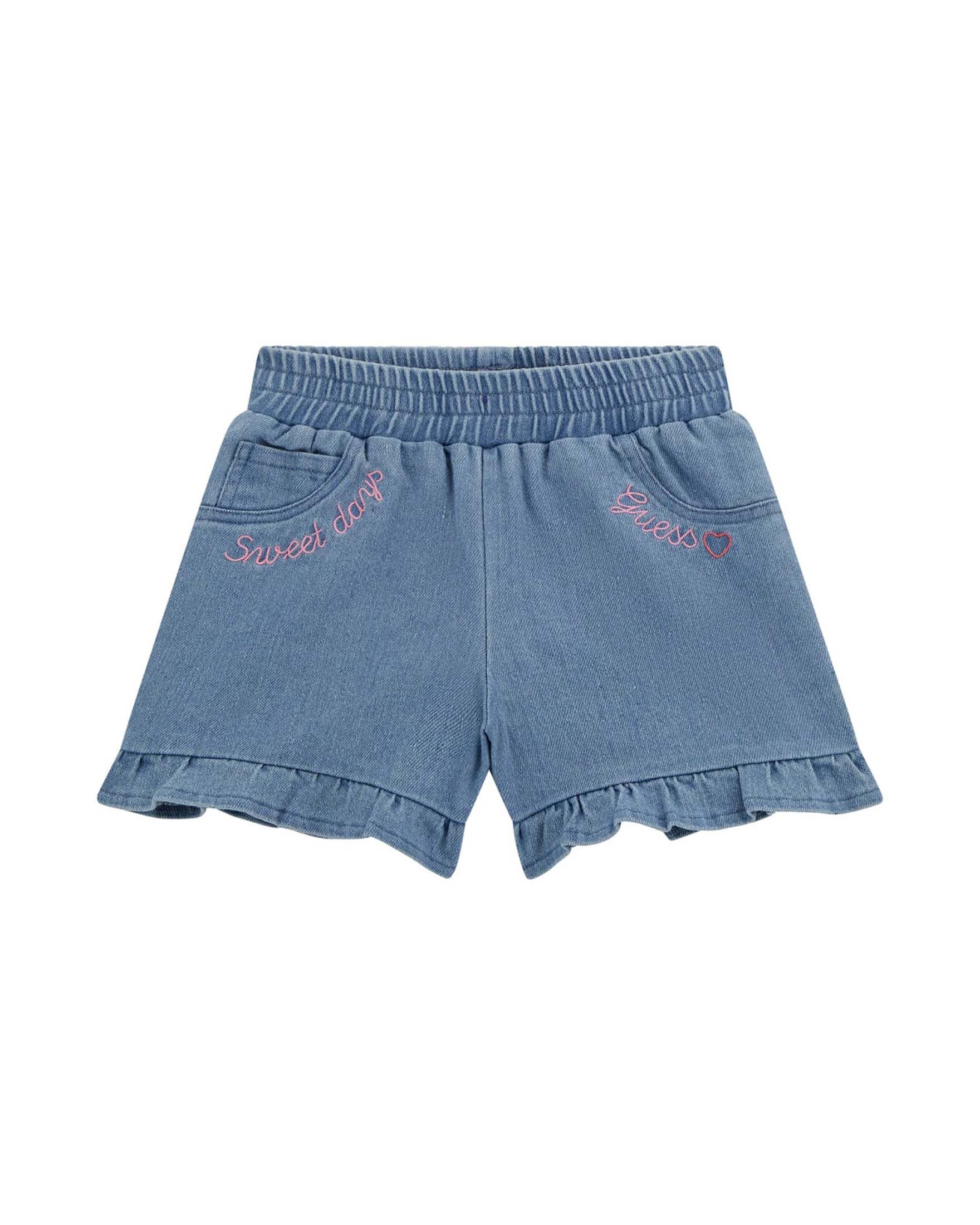 Short in chambray di misto cotone elasticizzato lavaggio medio con ricami e rouches