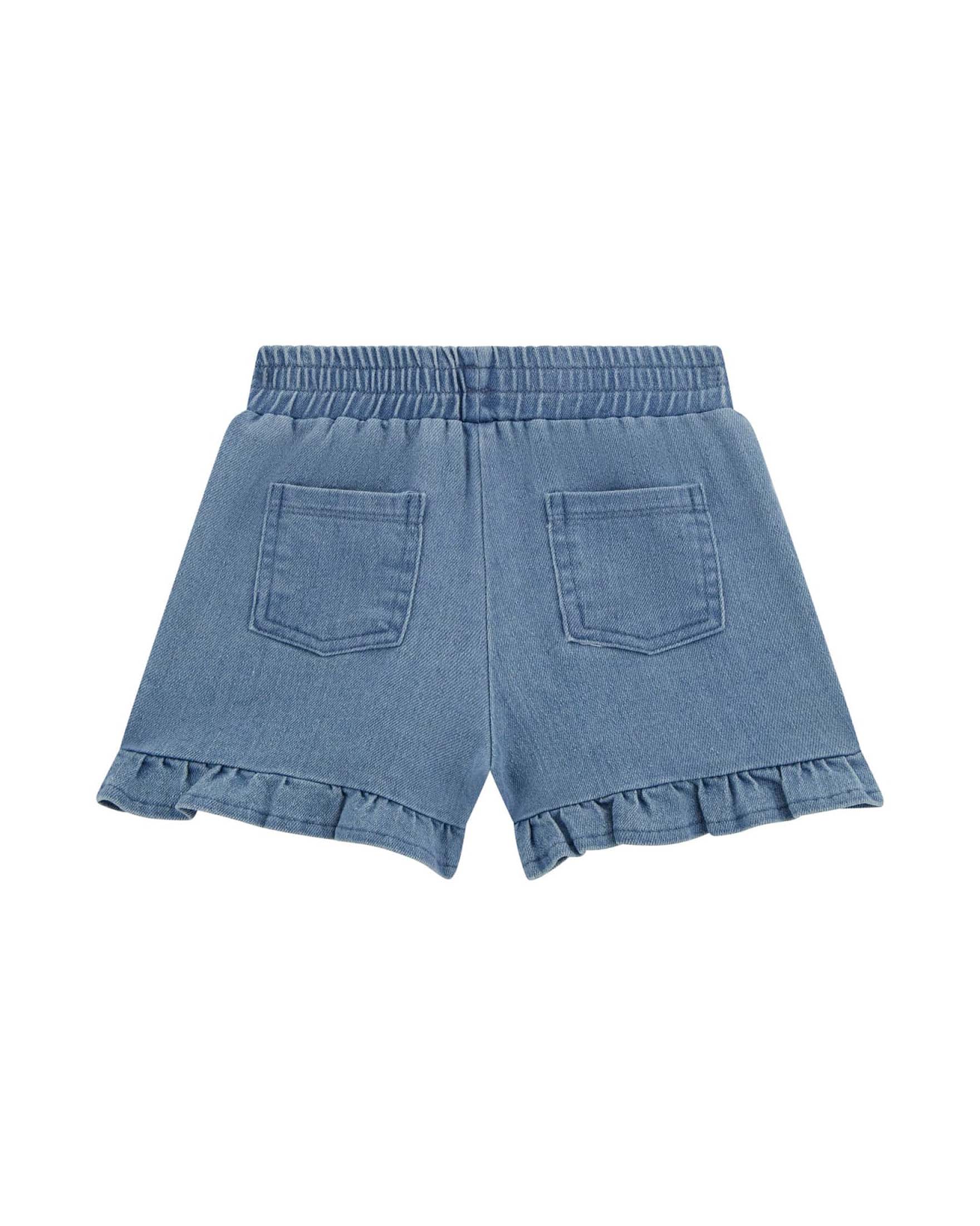 Short in chambray di misto cotone elasticizzato lavaggio medio con ricami e rouches