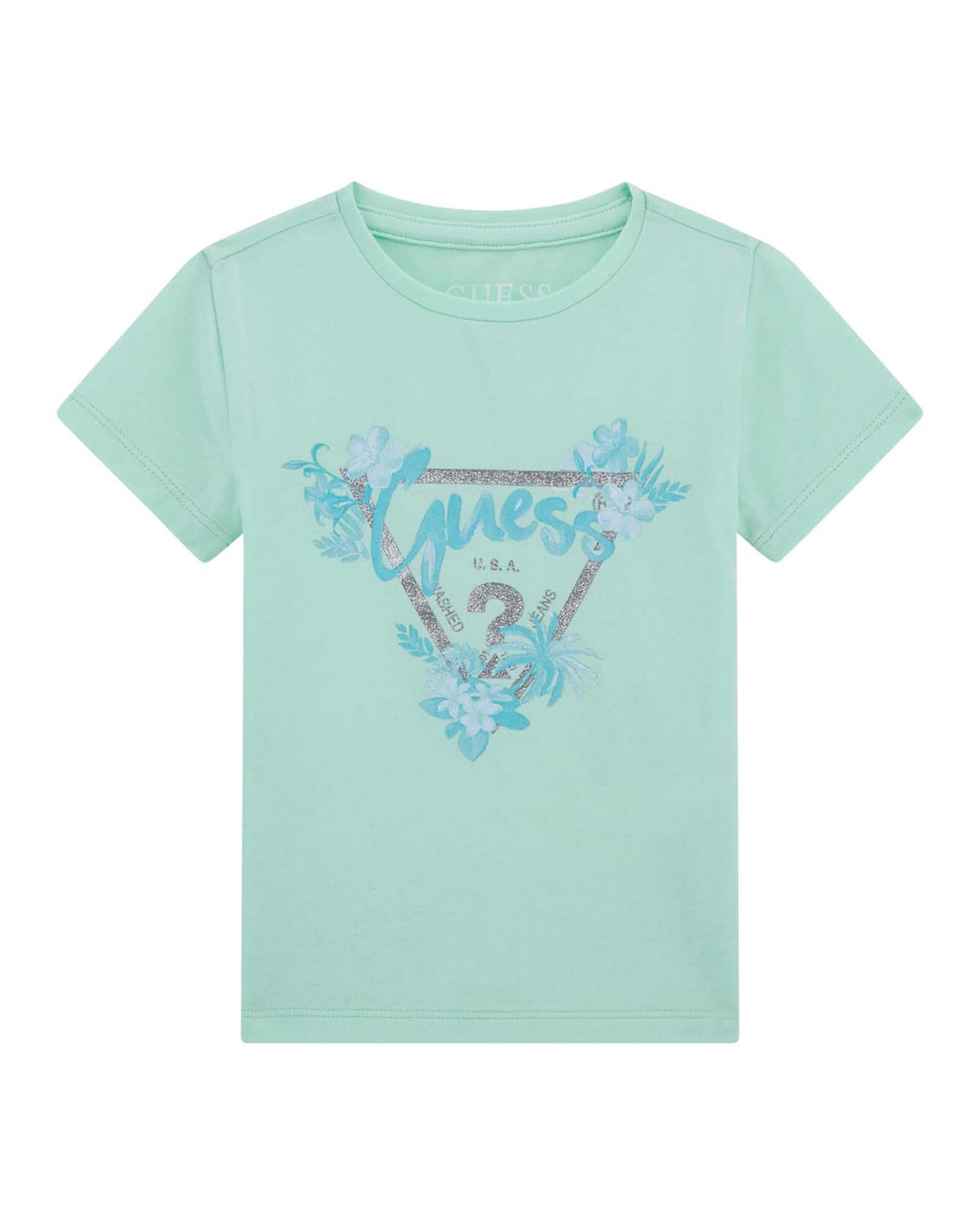 T-shirt verde acqua in cotone stretch a maniche corte con scollo rotondo e maxi logo triangolo con fiori