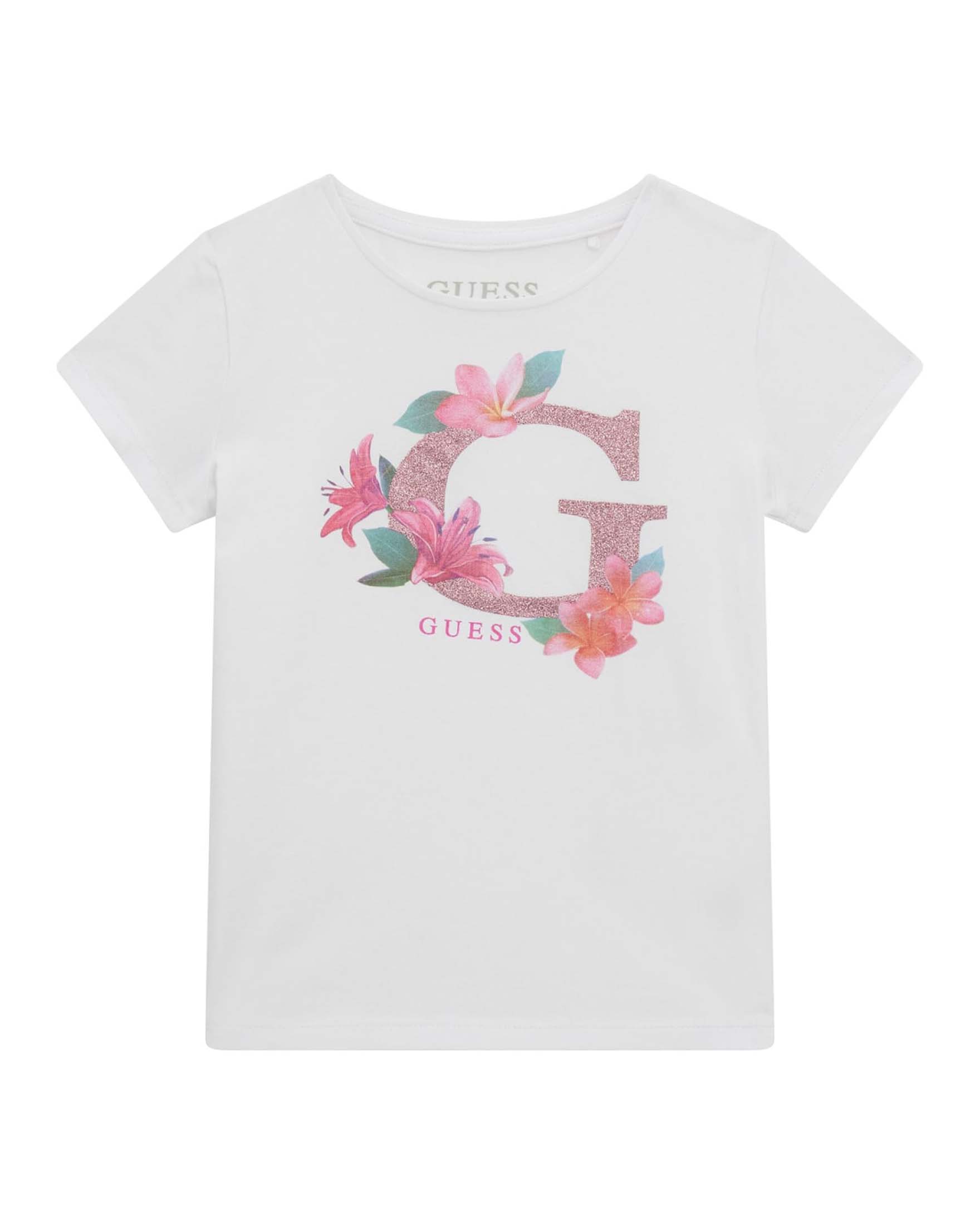 T-shirt bianca in cotone stretch a maniche corte con scollo rotondo e maxi logo G glitterato con fiori