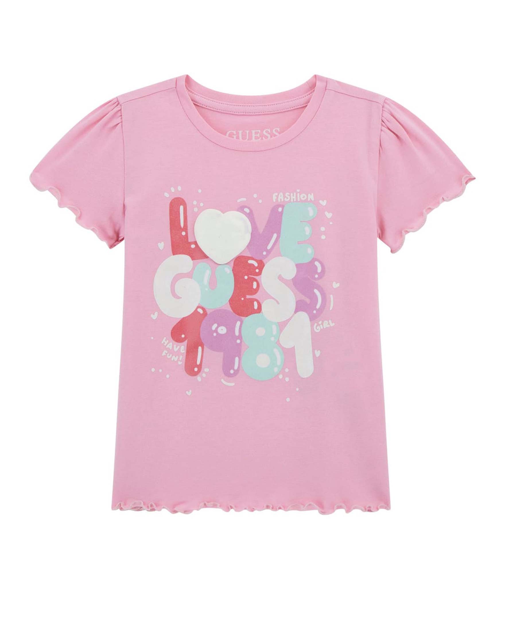 T-shirt rosa in cotone stretch a maniche corte con scollo rotondo e maxi scritta Love 1981