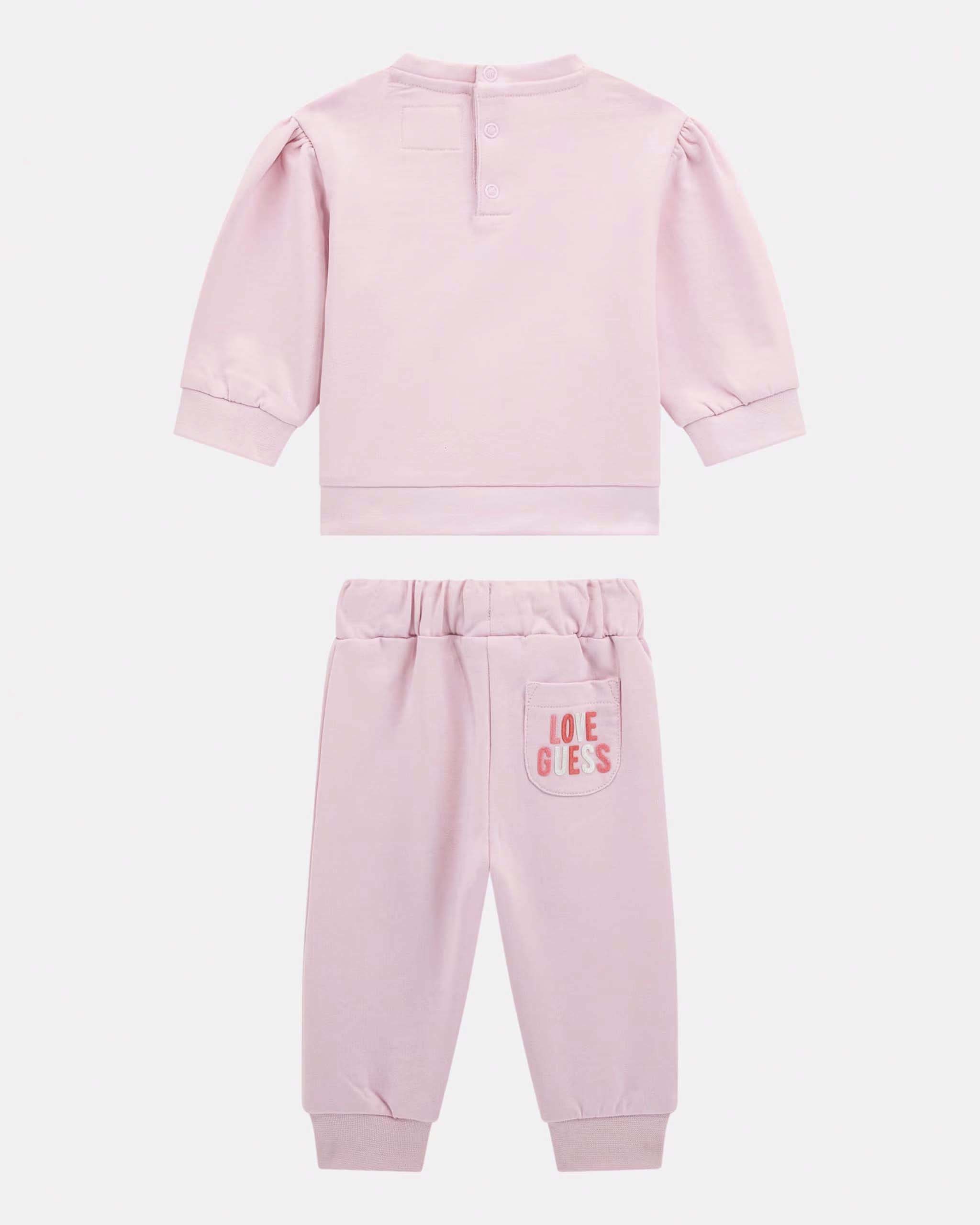 Completo maglia e pantalone rosa in felpa di puro cotone con scritta Love a petali image