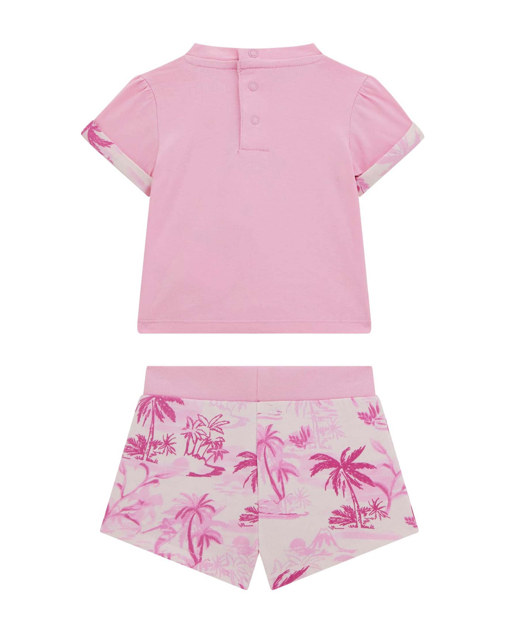 Completo t-shirt e short Guess rosa in cotone stretch con fantasia palme image