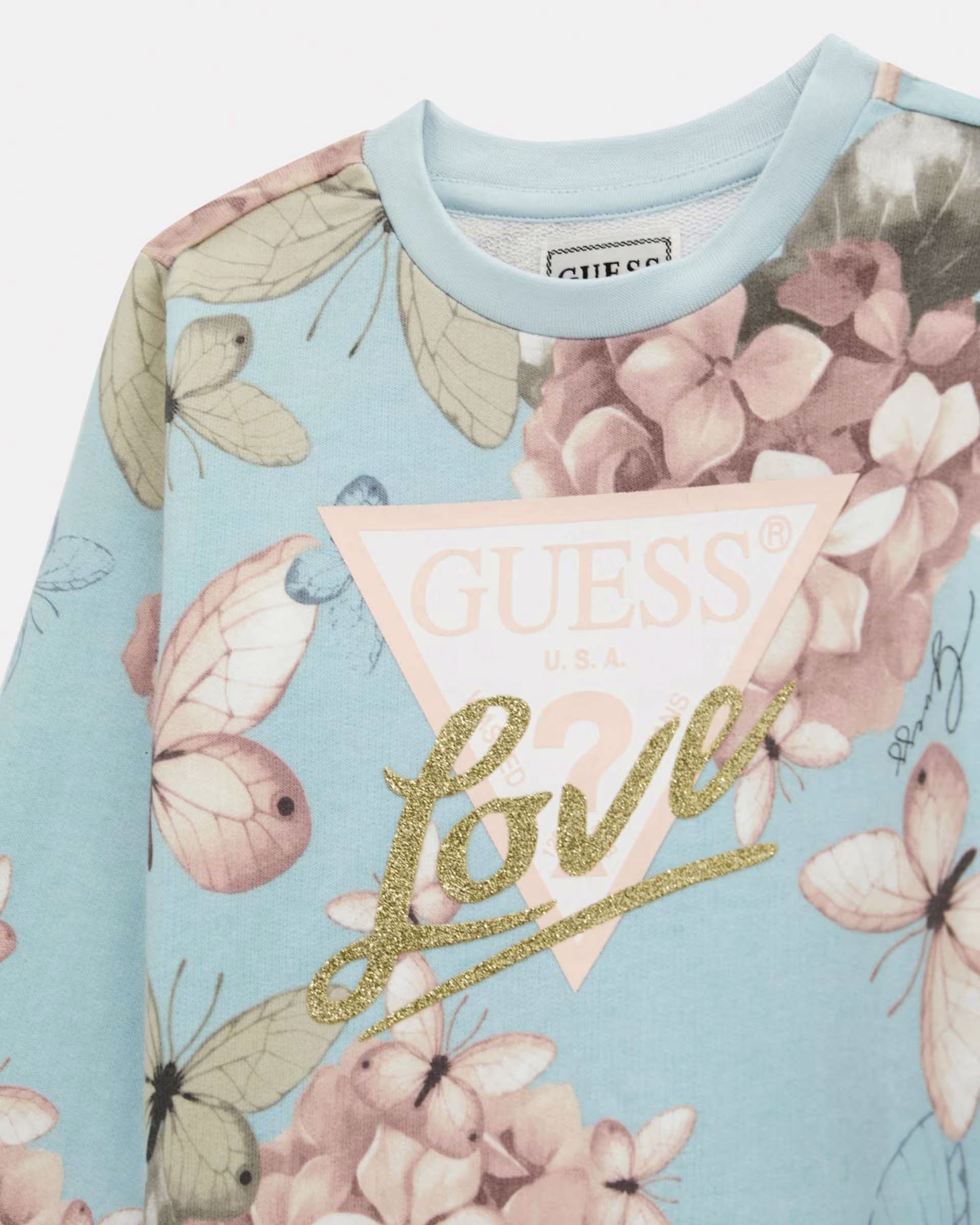 Felpa girocollo color acqua in puro cotone con fantasia farfalle e