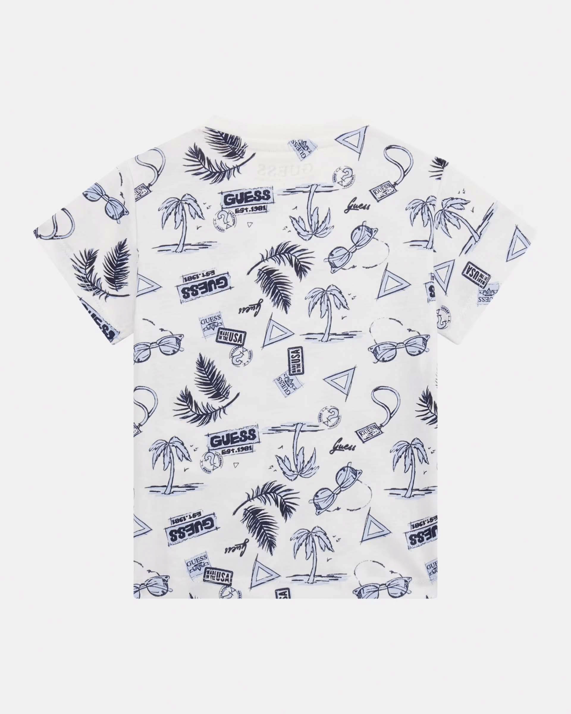 T-shirt bianca mezza manica in puro cotone con taschino e stampe grafiche blu all over image