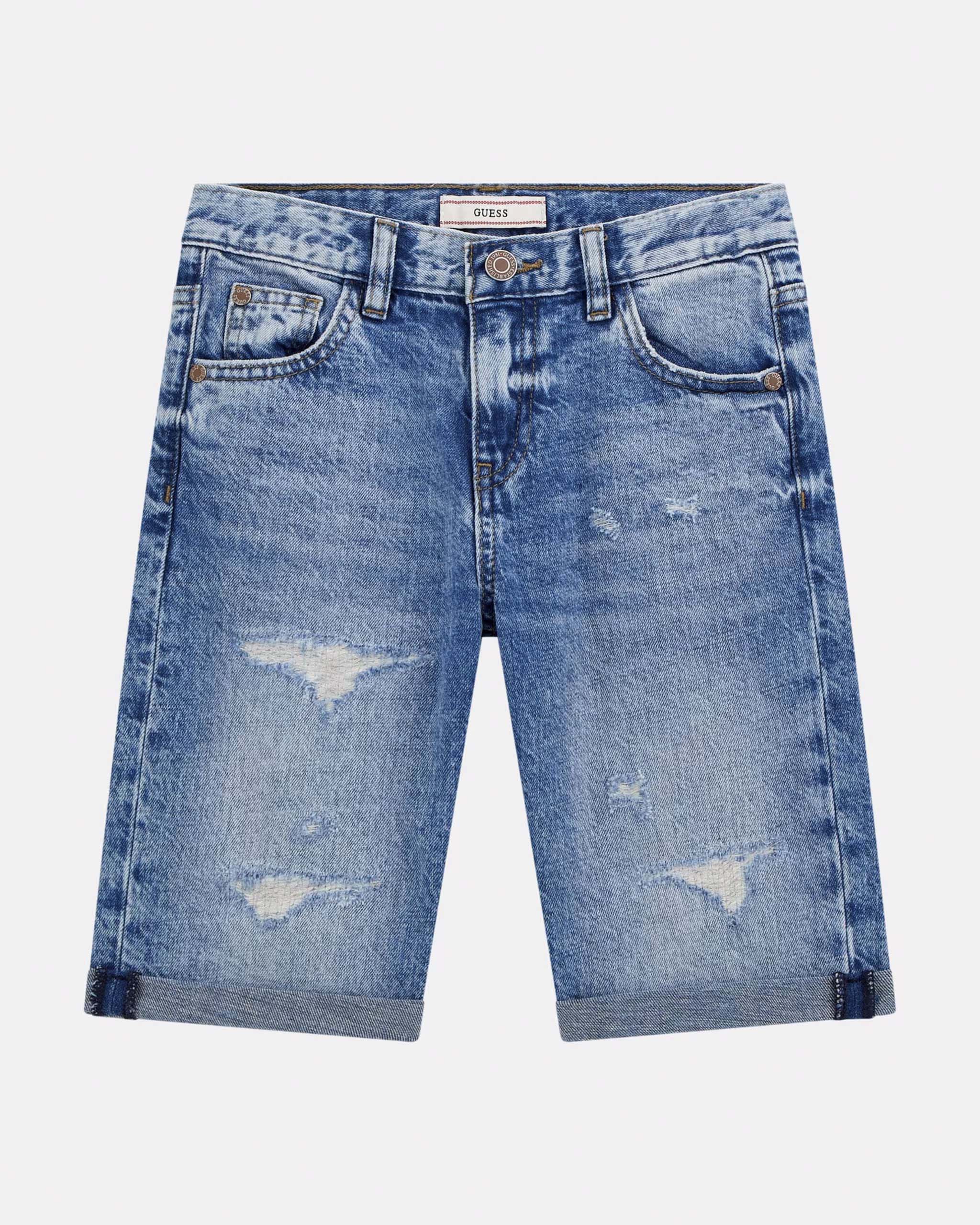 Bermuda jeans blu stone washed in misto cotone con abrasioni