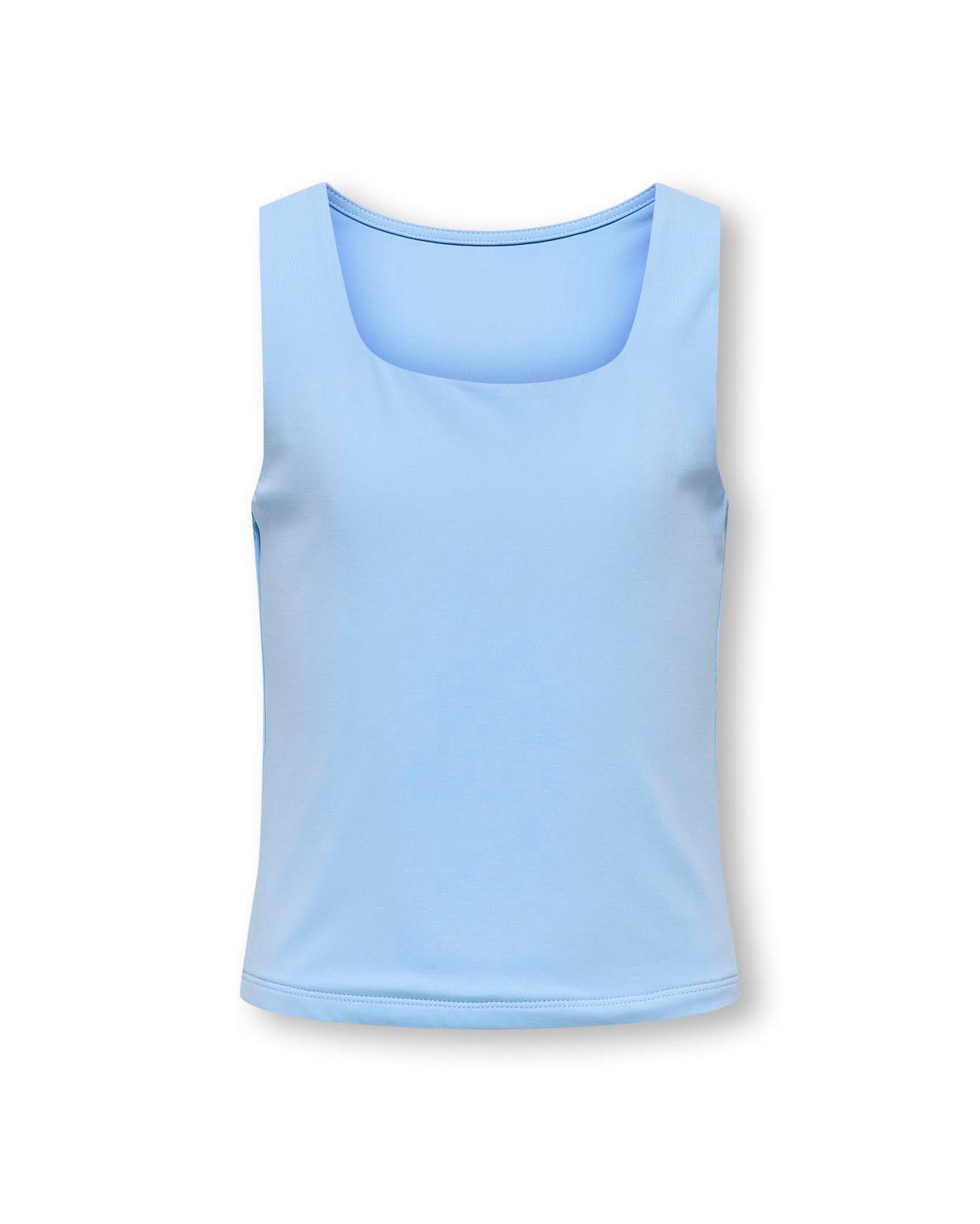 Top a canotta azzurro in tessuto stretch con scollo quadrato