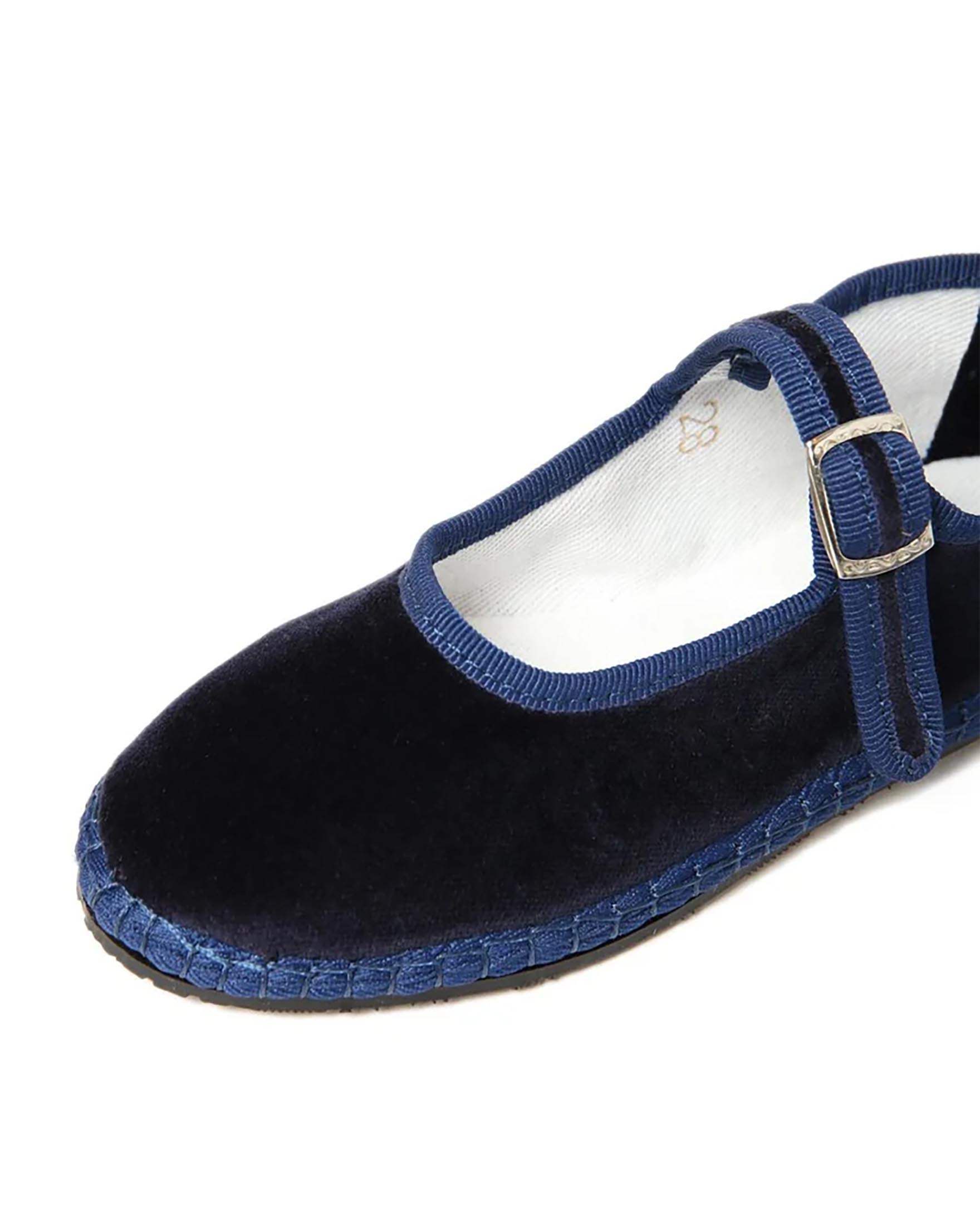 Baby friulane Le Papù in velluto blu con cinturino regolabile