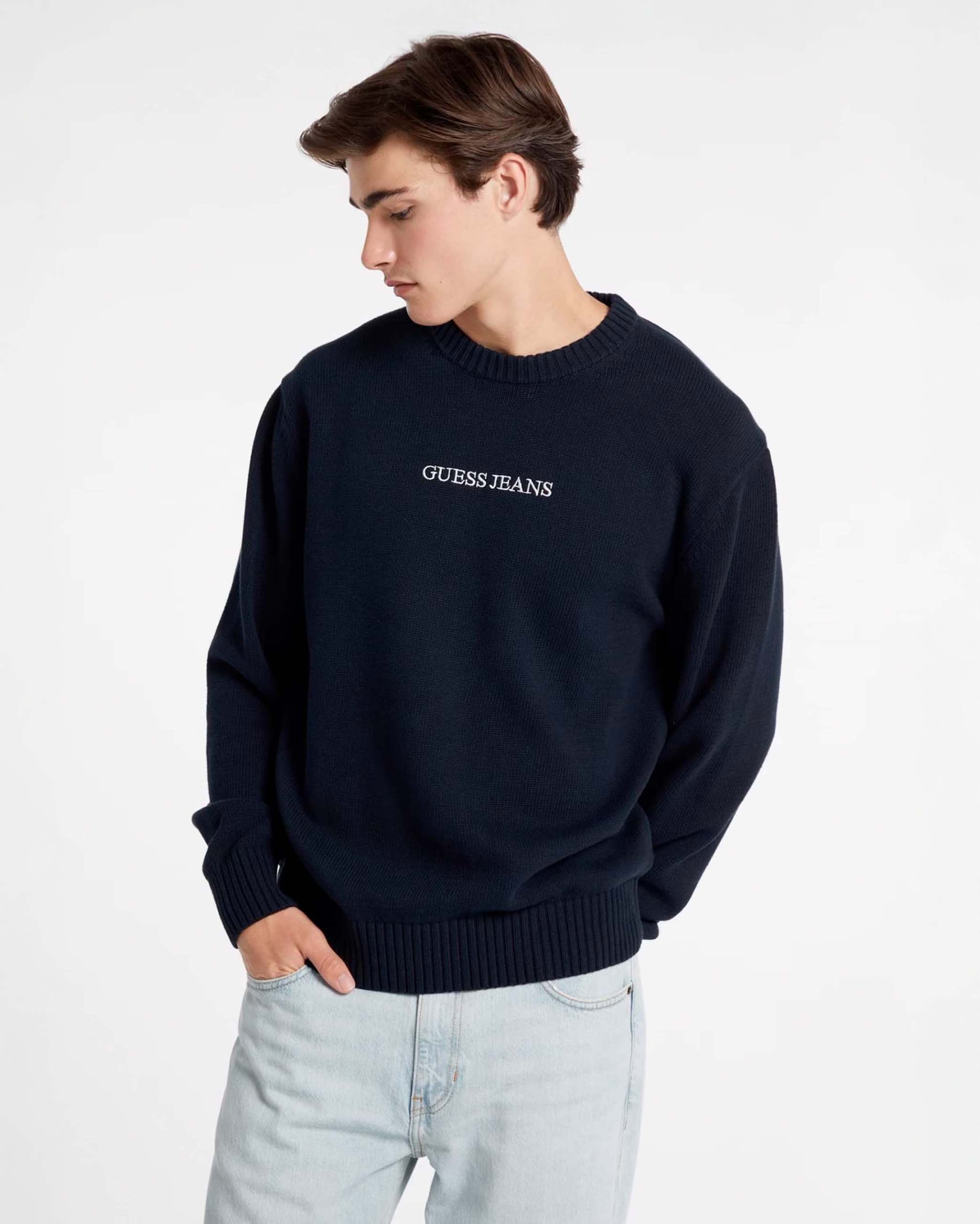 Maglia blu girocollo in puro cotone con logo scritta ricamata davanti