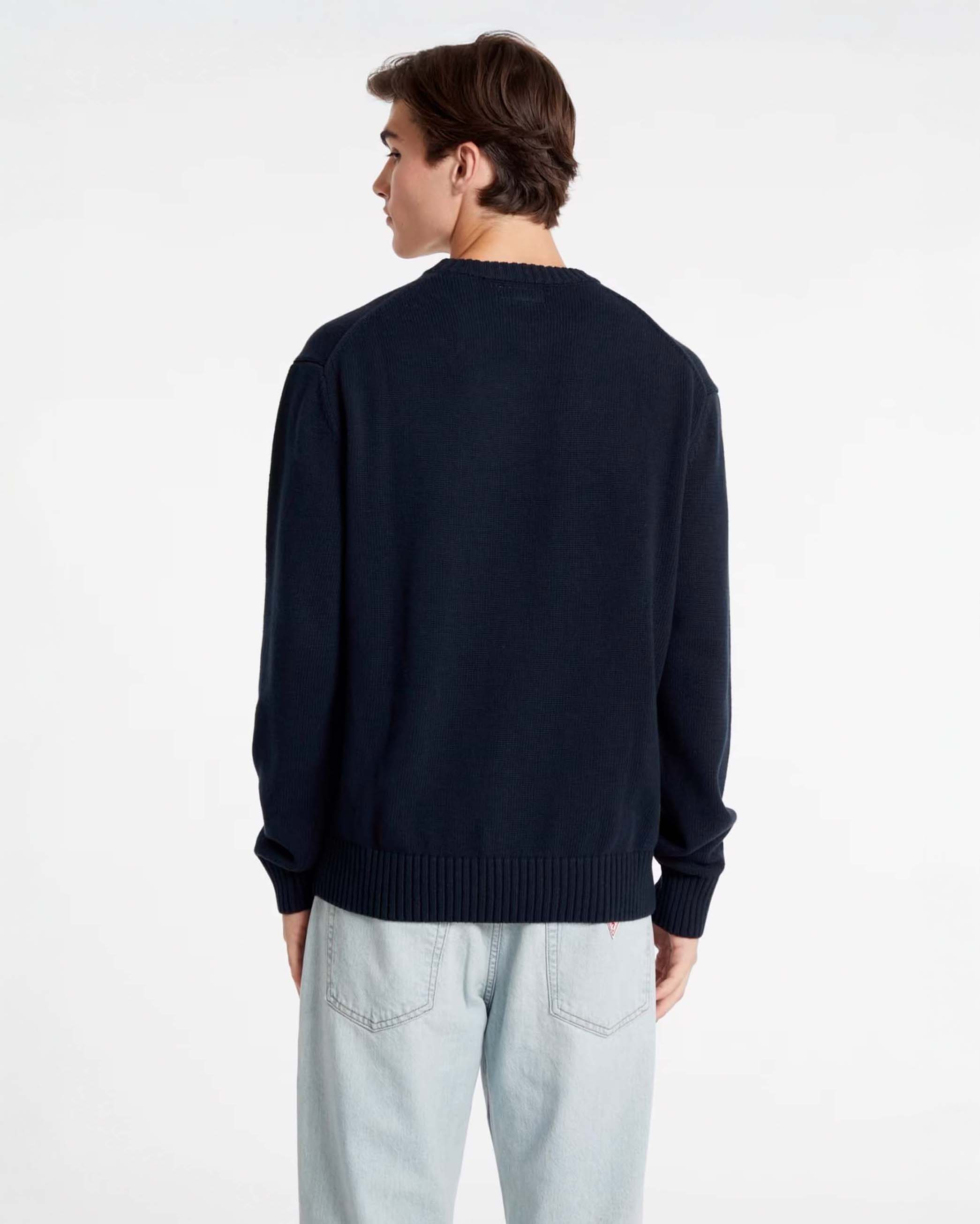 Maglia blu girocollo in puro cotone con logo scritta ricamata davanti