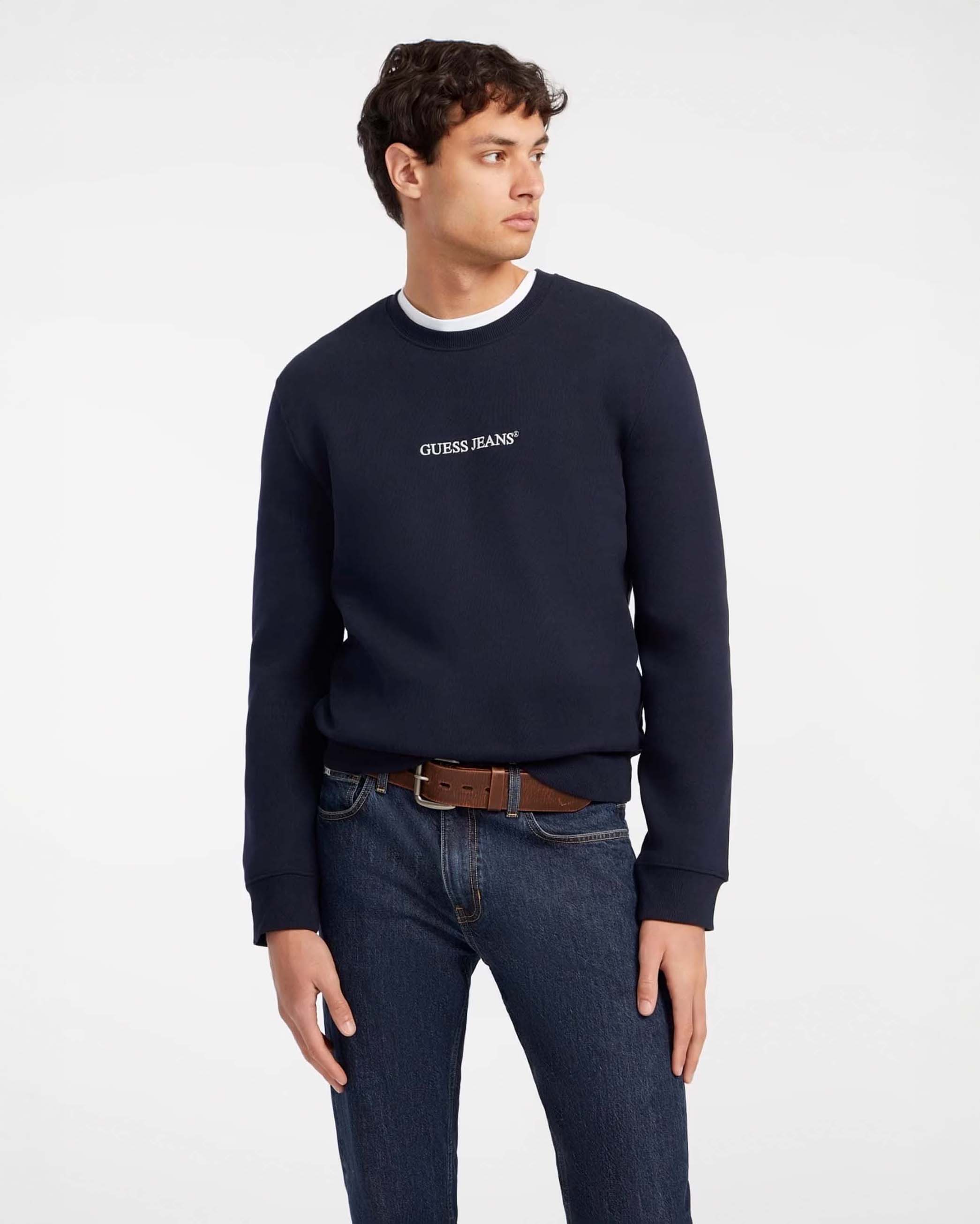 Felpa blu girocollo in cotone con logo scritta ricamata davanti