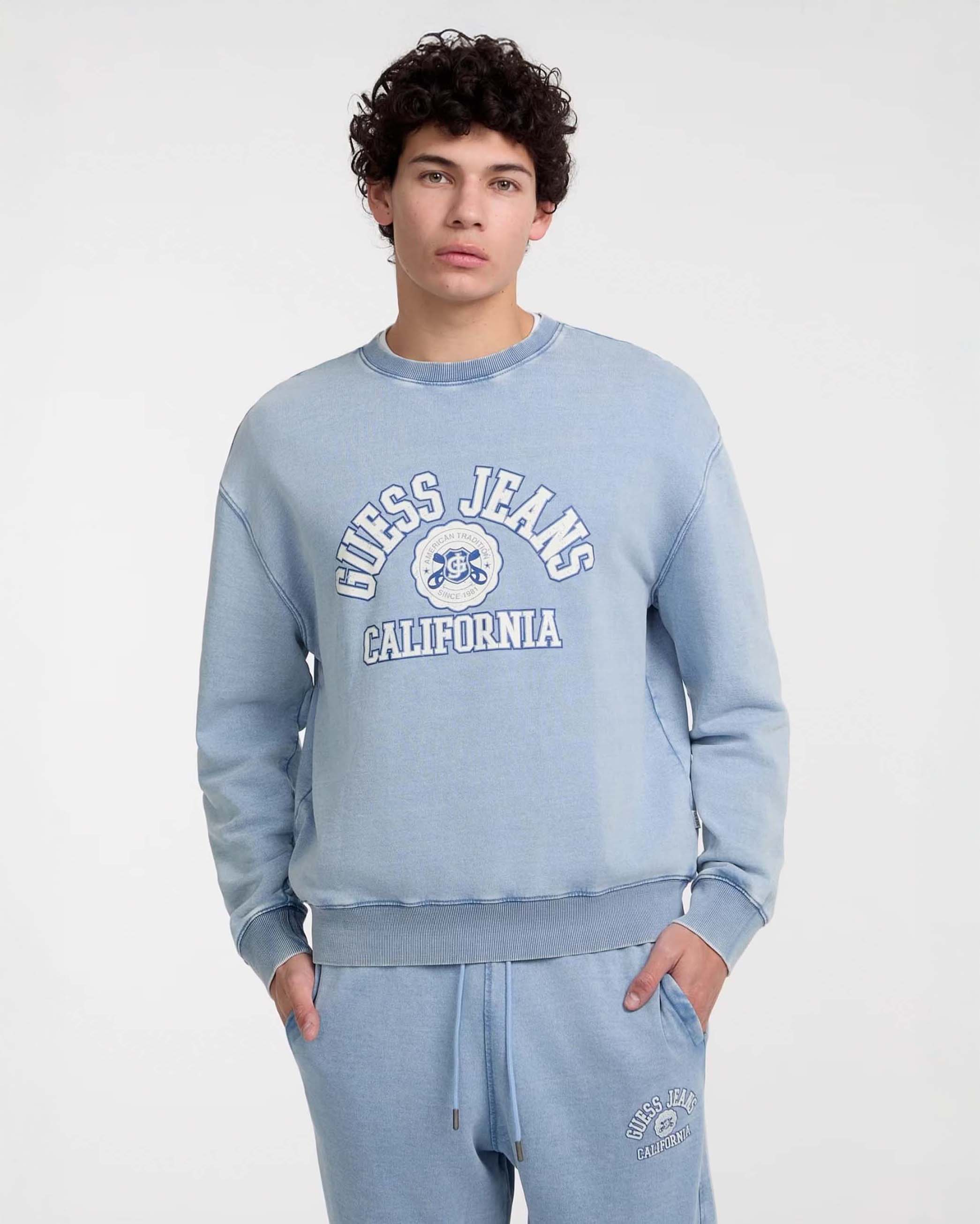 Felpa azzurra girocollo con logo college stampato davanti