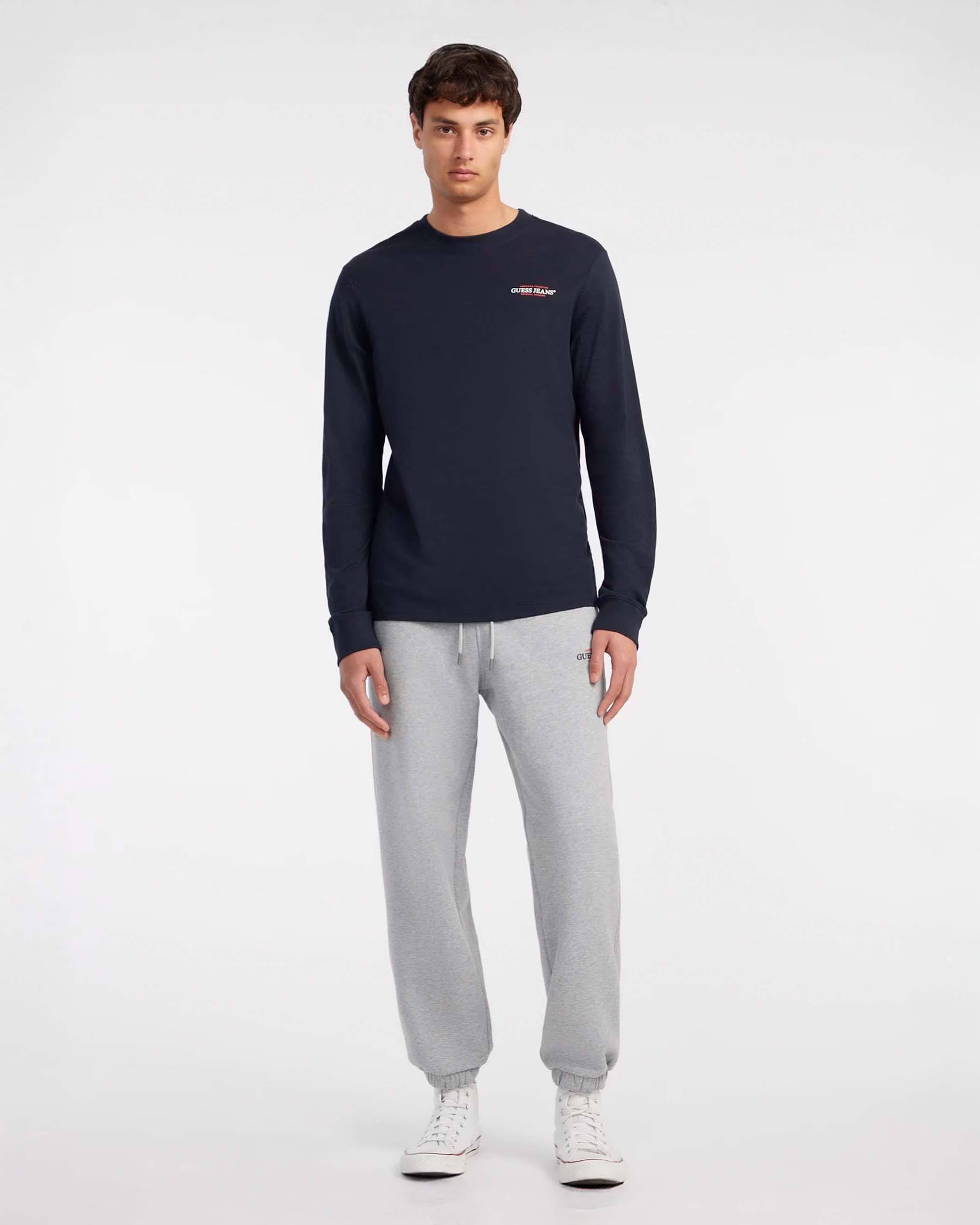 T-shirt slim blu manica lunga in puro cotone con logo scritta