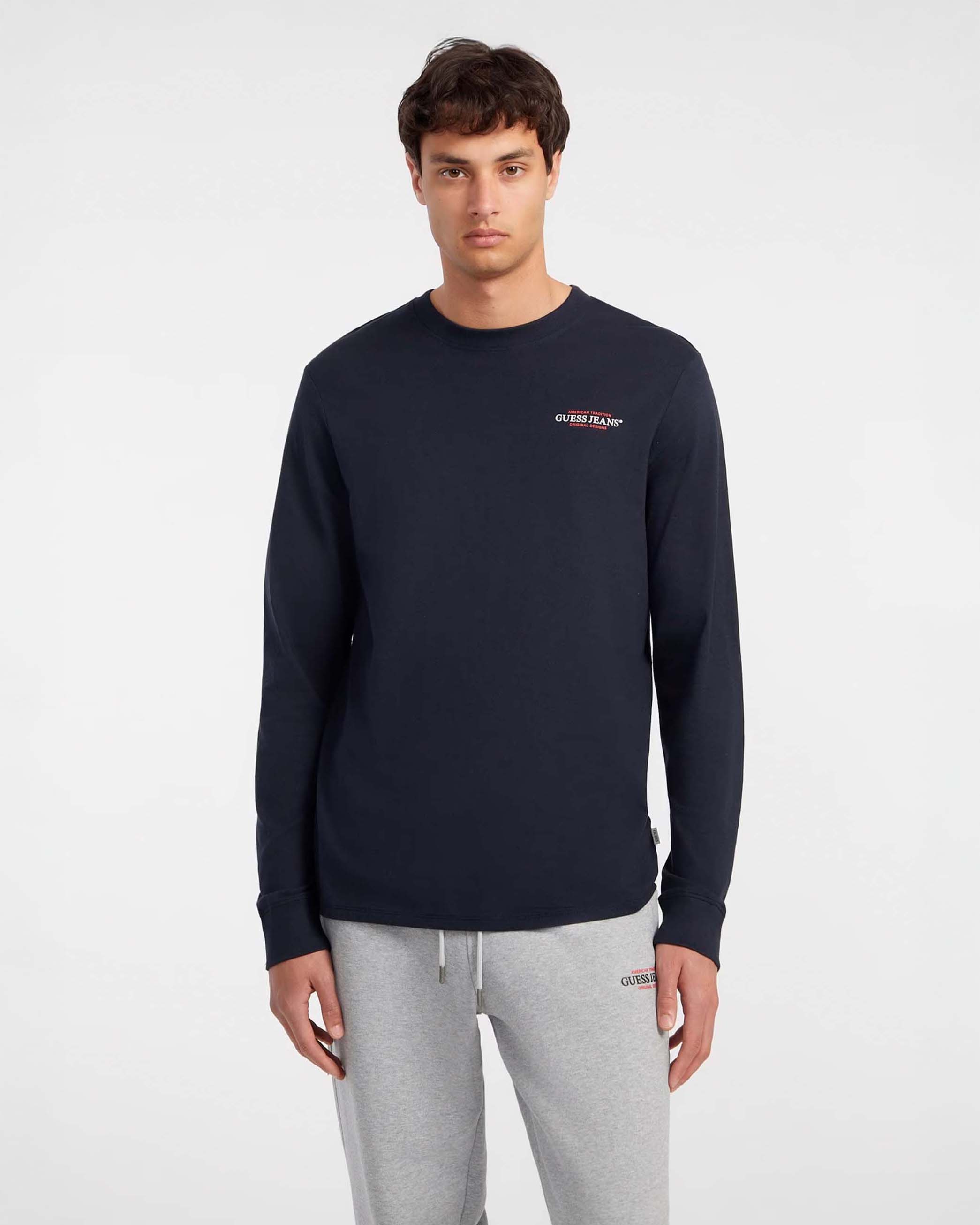 T-shirt slim blu manica lunga in puro cotone con logo scritta