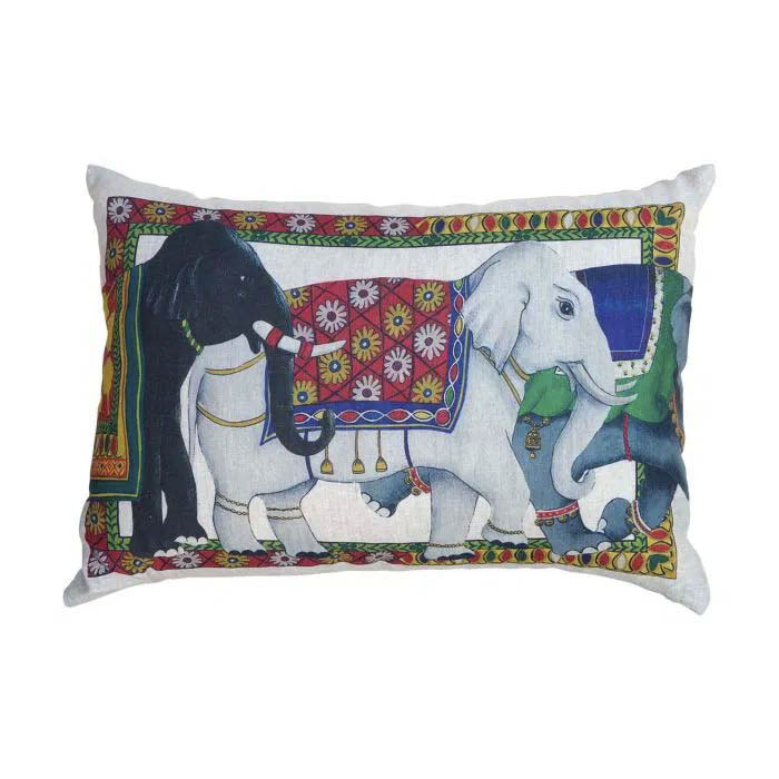Cuscino rettangolare Angkor in lino a fantasia elefanti multicolor