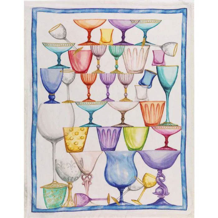 Canovaccio Crystal in lino bianco con stampa bicchieri multicolor e riquadro blu