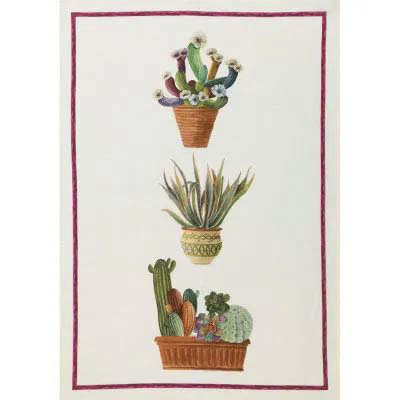 Canovaccio Kactus in lino bianco a fantasia stampata multicolor e riquadro viola