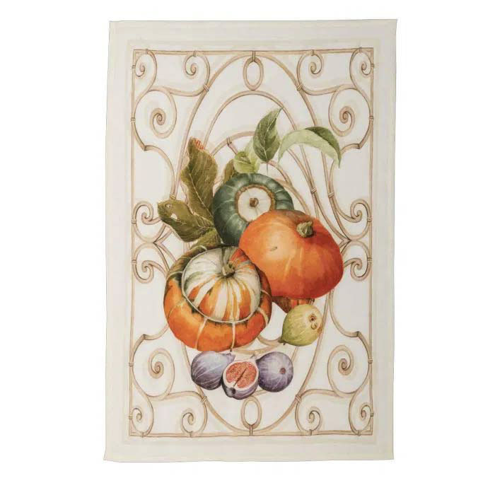 Canovaccio Cenerentola in lino bianco con stampa zucche arancioni
