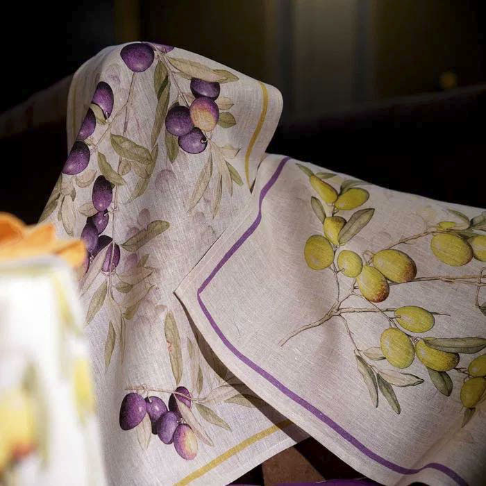 Canovaccio Aida in lino beige con stampa leccino e riquadro viola image