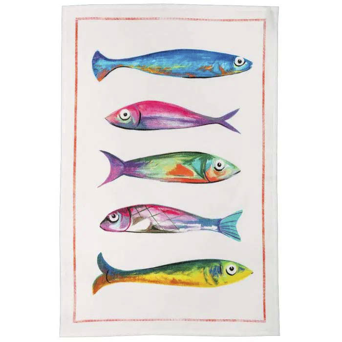 Canovaccio Poisson Blue in lino bianco con stampa pesci multicolor e riquadro rosso