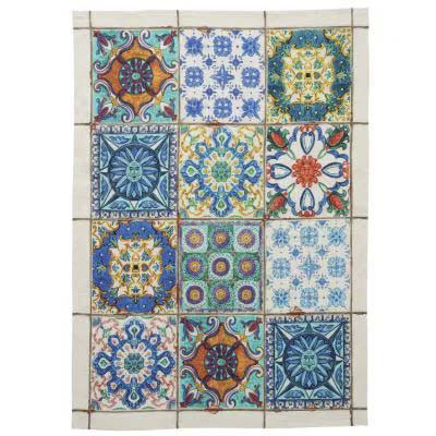 Canovaccio Camastra in lino bianco a fantasia piastrelle siciliane blu