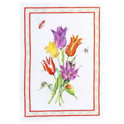 Canovaccio Tulli in lino bianco con stampa tulipani e contorno rosso