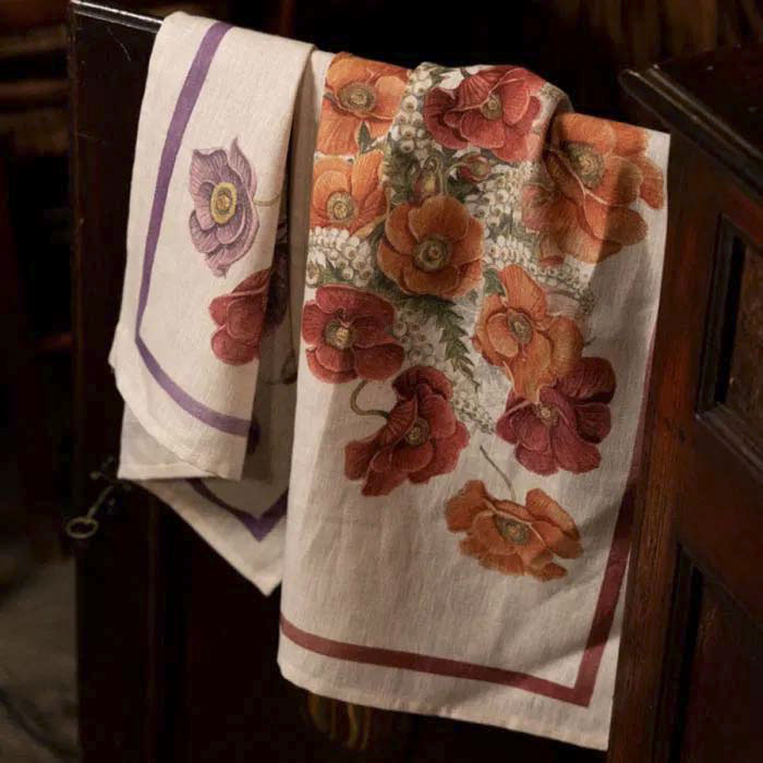 Canovaccio Poppy in lino bianco con stampa papaveri bordeaux e arancione