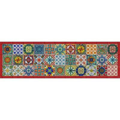 Tappeto Camastra a fantasia piastrelle siciliane multicolor e bordo rosso 52x180 cm
