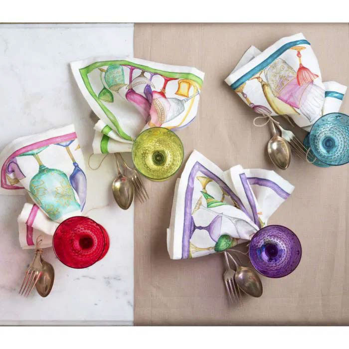 Set 4 tovaglioli Cin Cin in lino a fantasia bicchieri multicolor