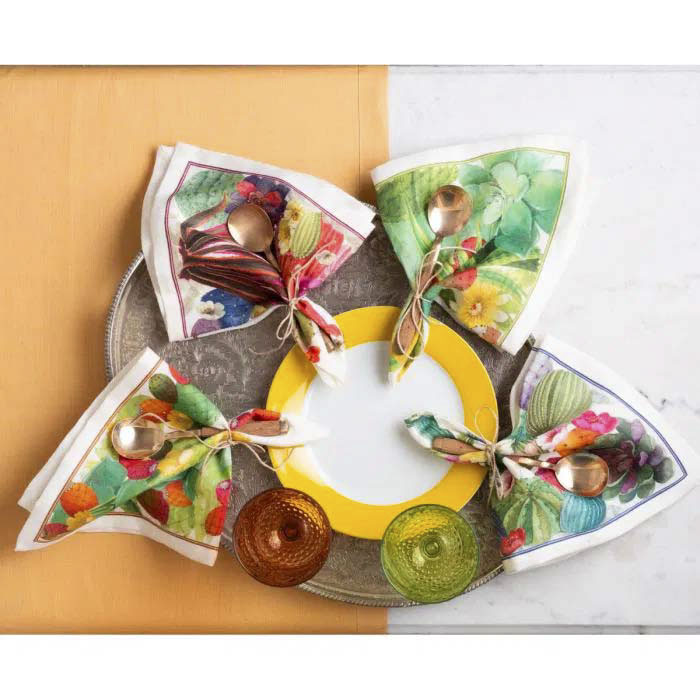 Set 4 tovaglioli Ficu d'Innia in lino a fantasia piante grasse multicolor