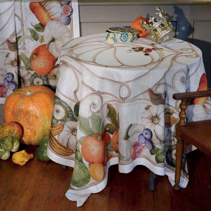 Tovaglia quadrata Cenerentola in lino a fantasia zucche arancioni 170x170