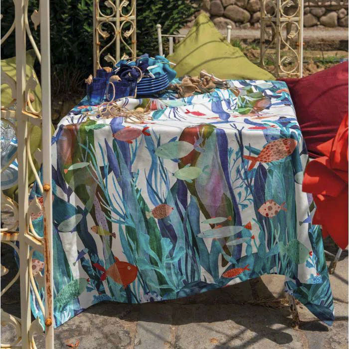 Tovaglia rettangolare Poseidon in cotone a fantasia pesci multicolor 170x270