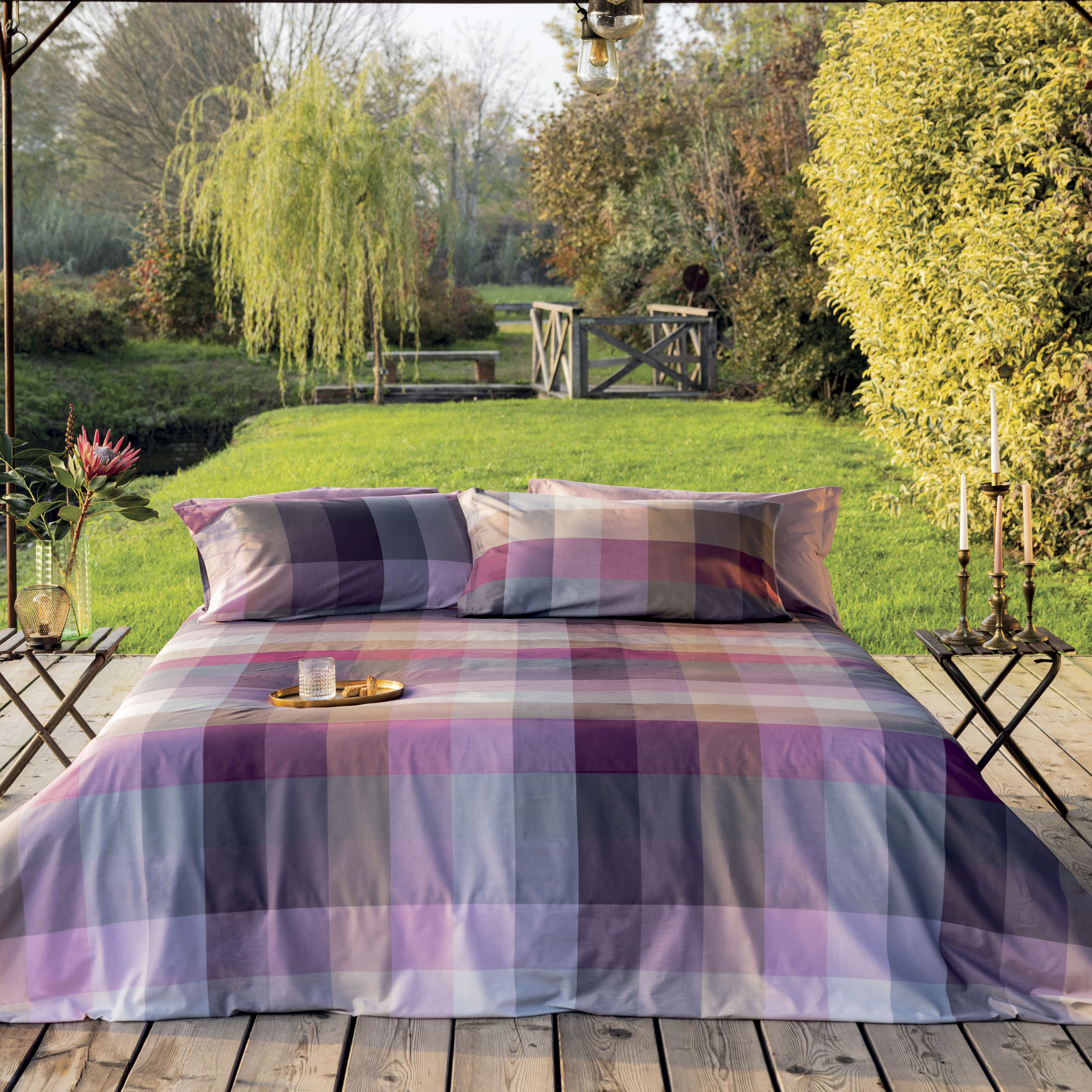 Copripiumino Geranium a due piazze in cotone a fantasia a scacchi rosa e beige 255x200