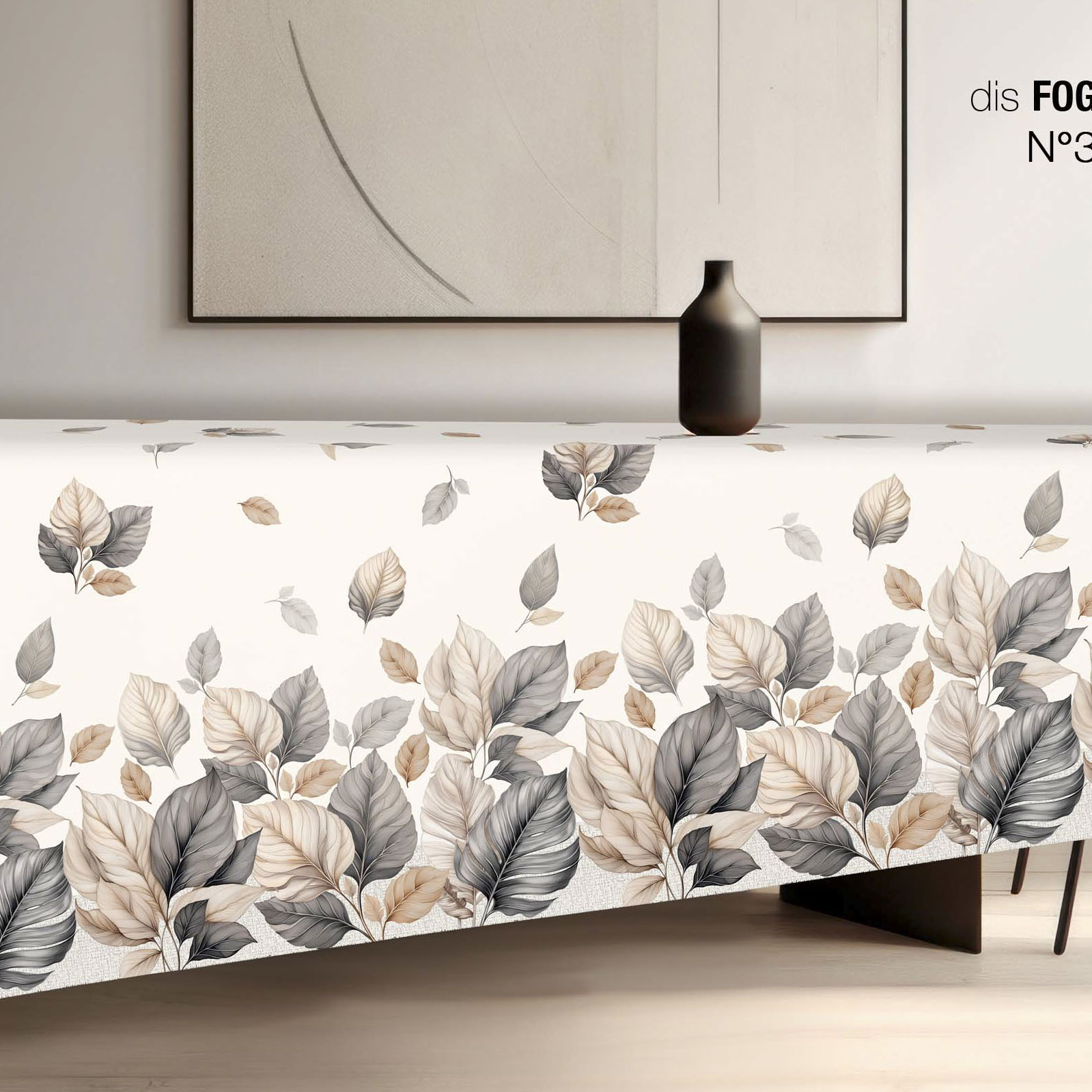 Tovaglia rotonda per 8 persone in cotone a fantasia foglie grigia e beige