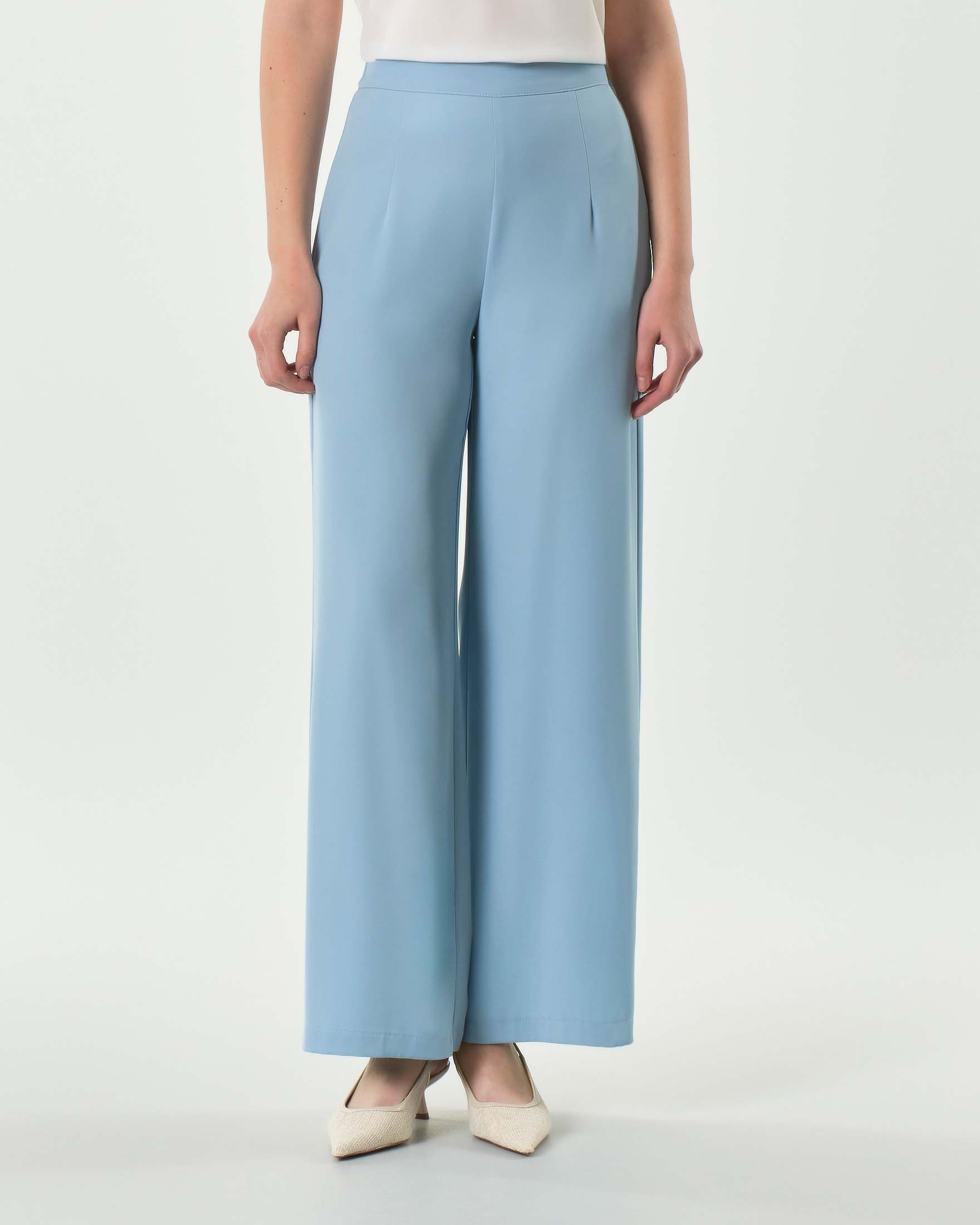 Pantaloni palazzo azzurri in tessuto stretch fluido a vita media