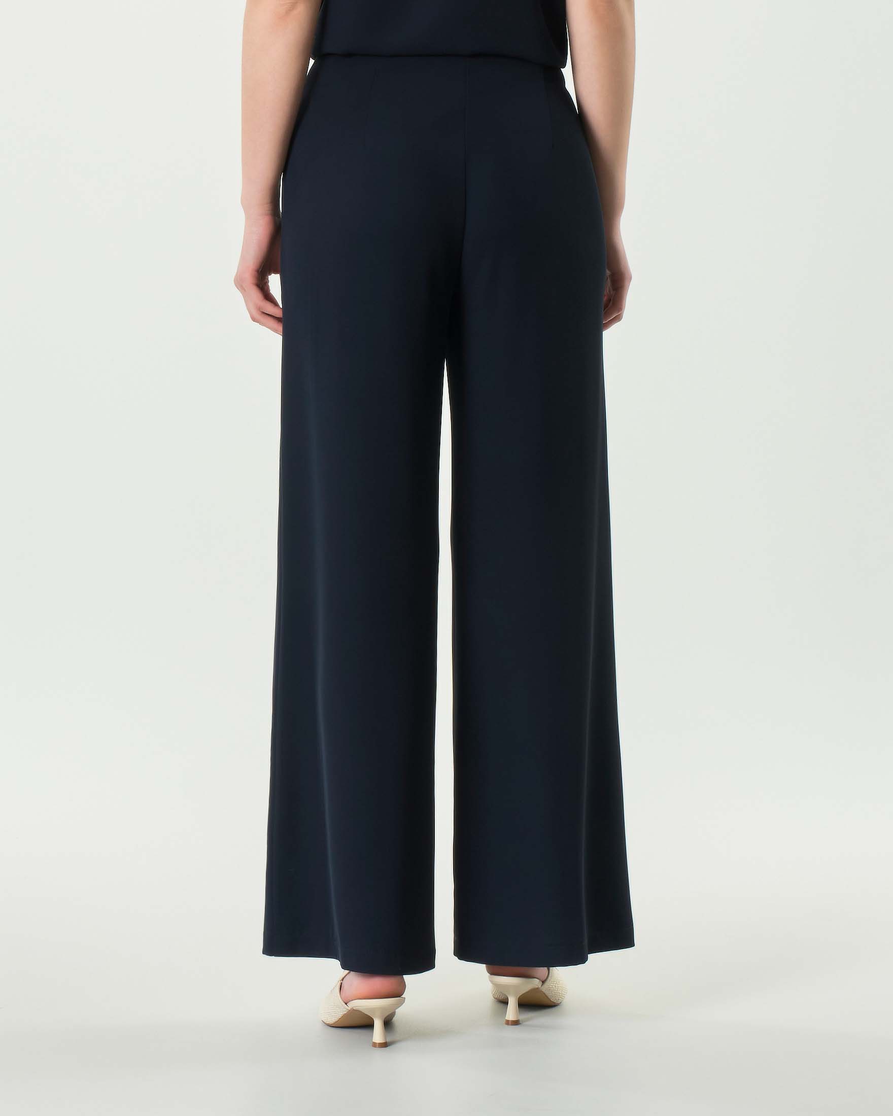 Pantaloni palazzo blu in tessuto stretch fluido a vita media