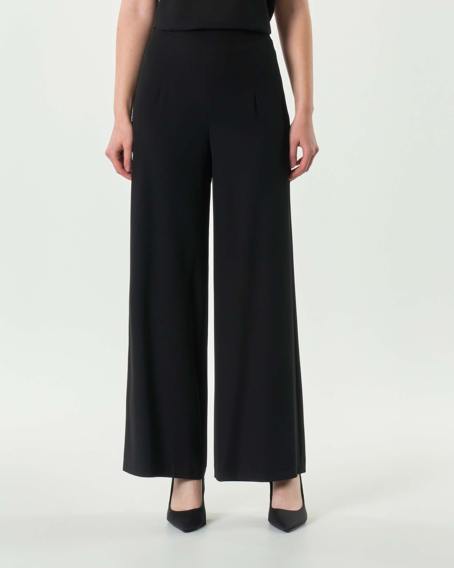 Pantaloni palazzo neri in tessuto stretch fluido a vita media