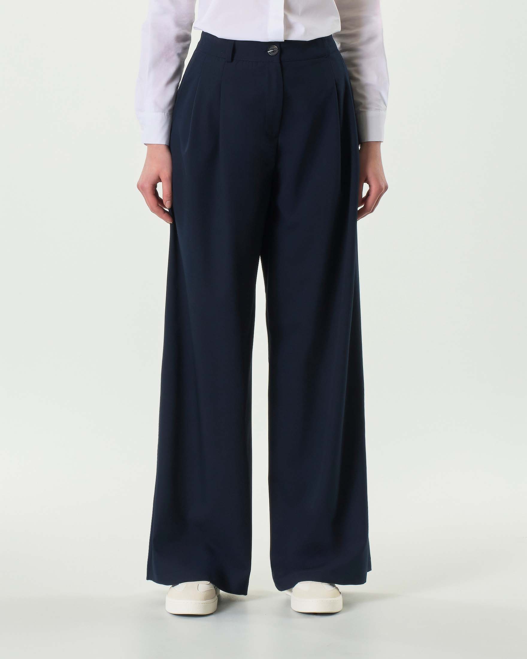 Pantaloni wide blu in misto viscosa con pinces in vita image