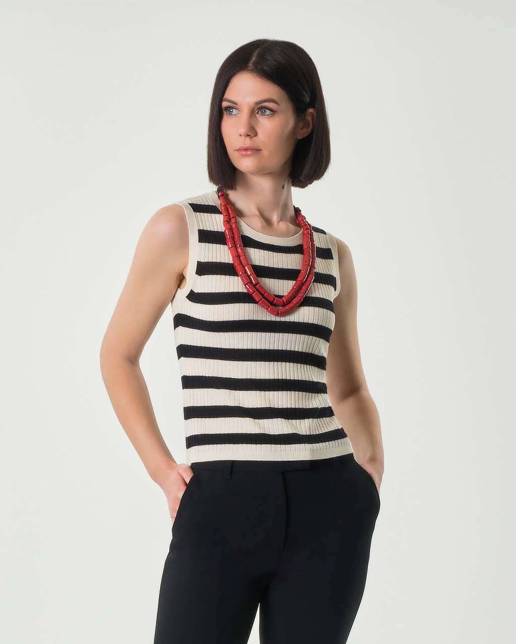 Top in maglia bianco a righe nere a coste in seta e lana