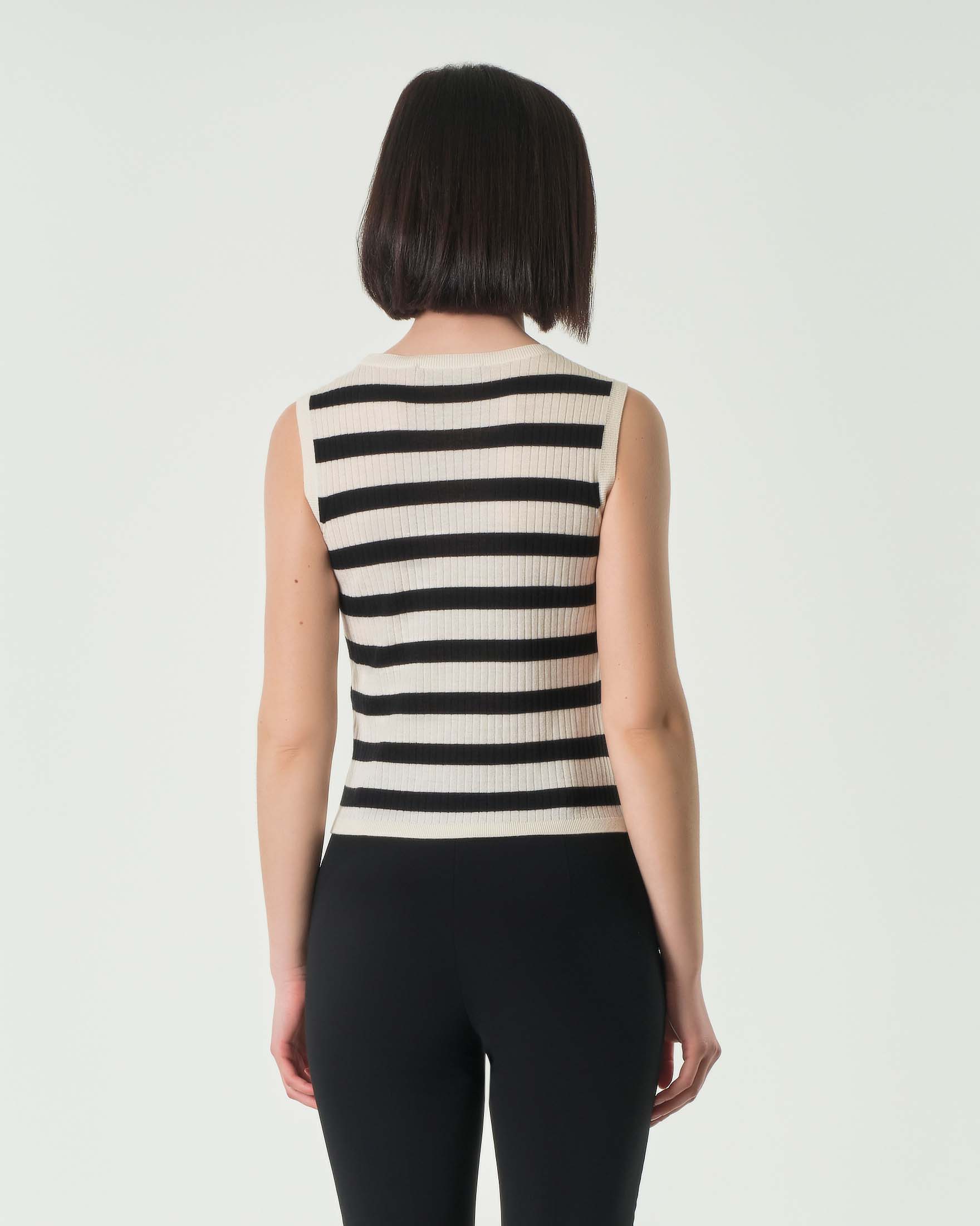 Top in maglia bianco a righe nere a coste in seta e lana