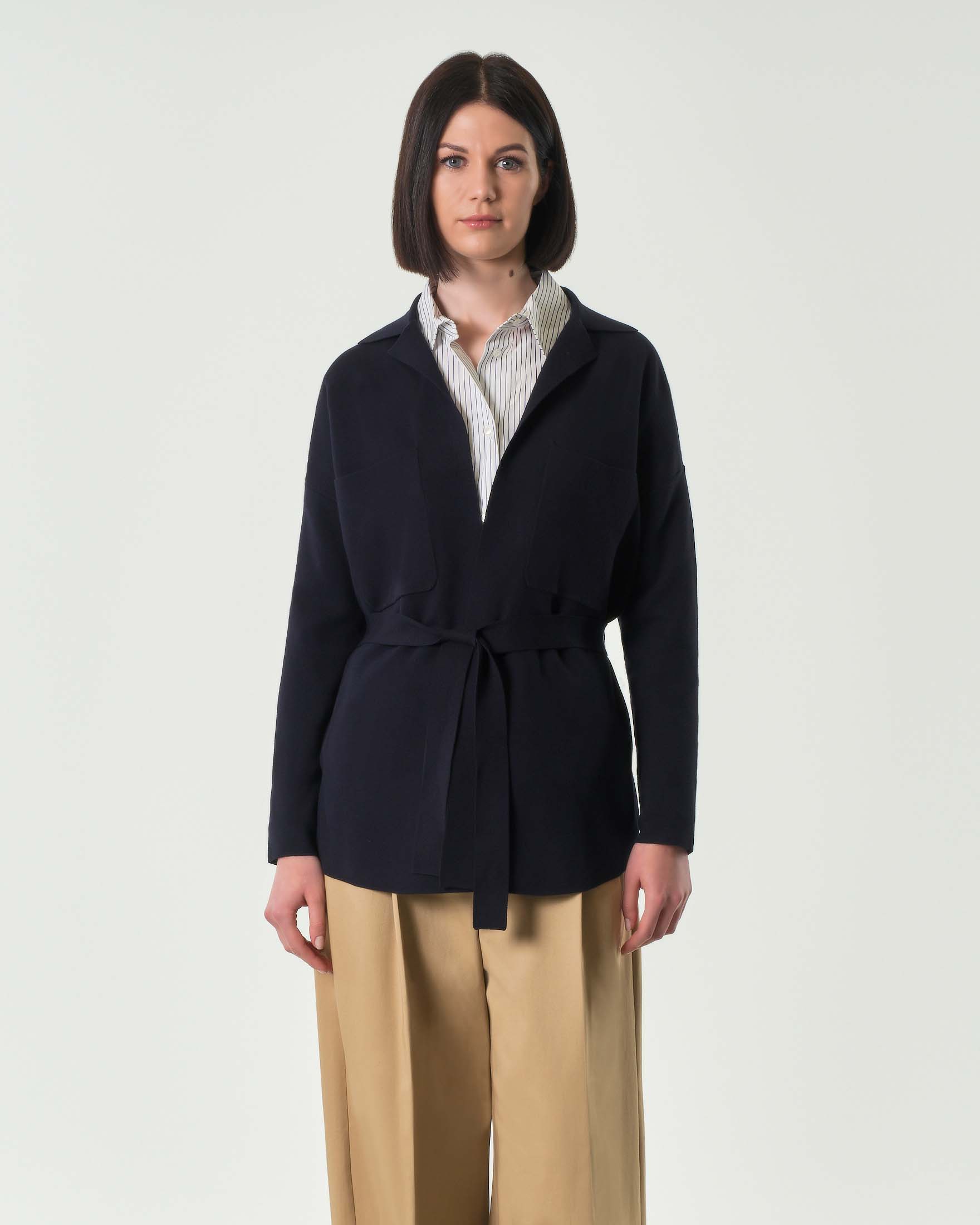 Cardigan blu in misto viscosa a camicia con cintura in vita