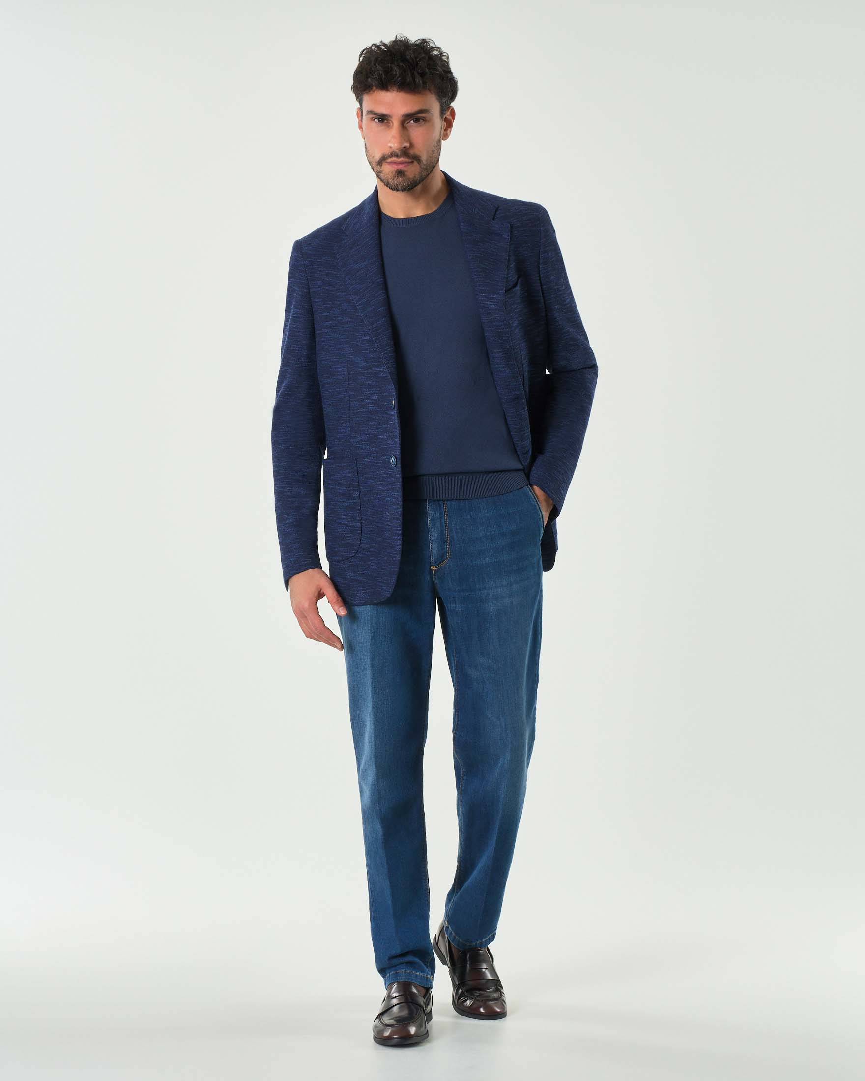Blazer blu indaco in jersey di misto cotone melange
