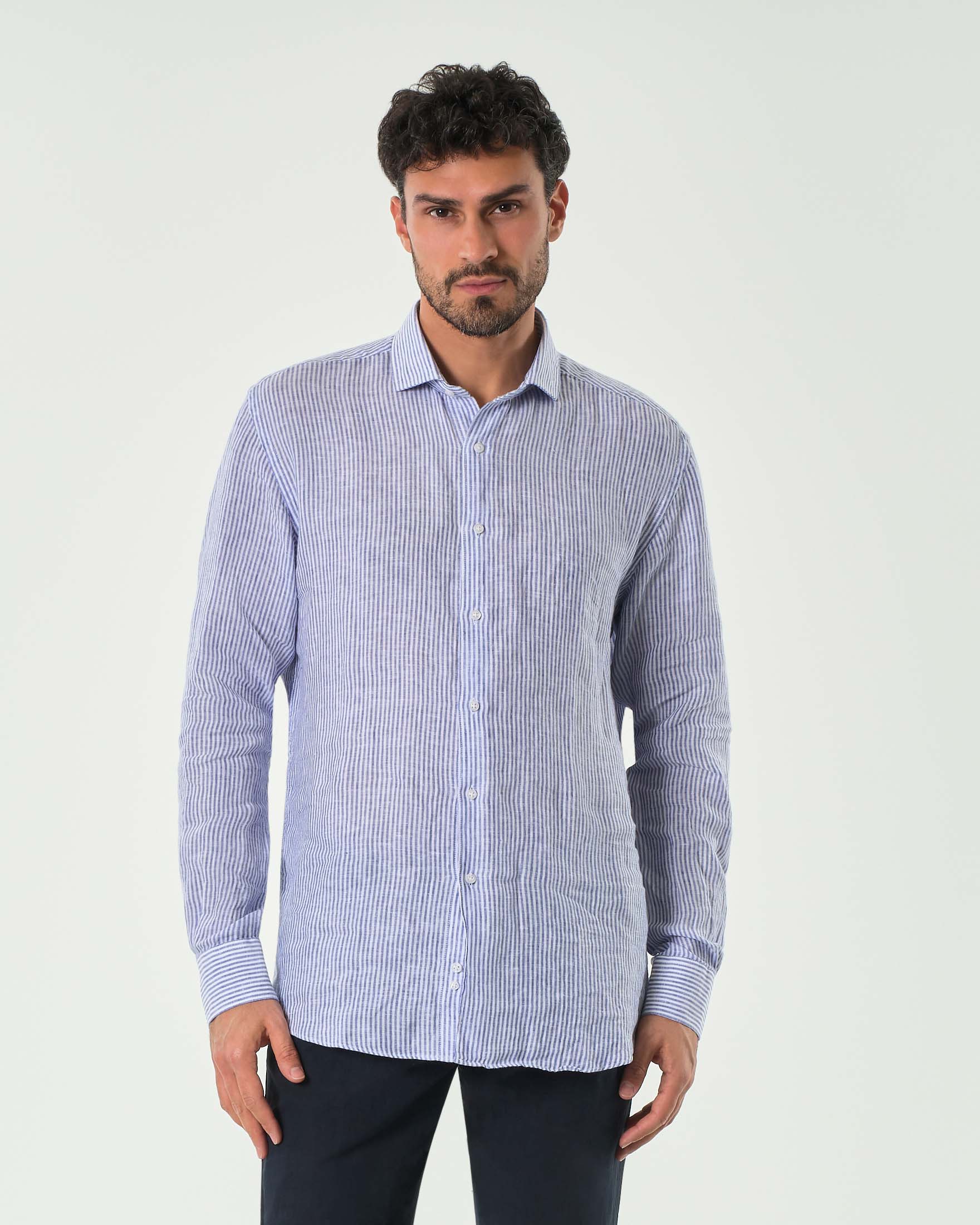 Camicia bastoncino bianco azzurro in puro lino