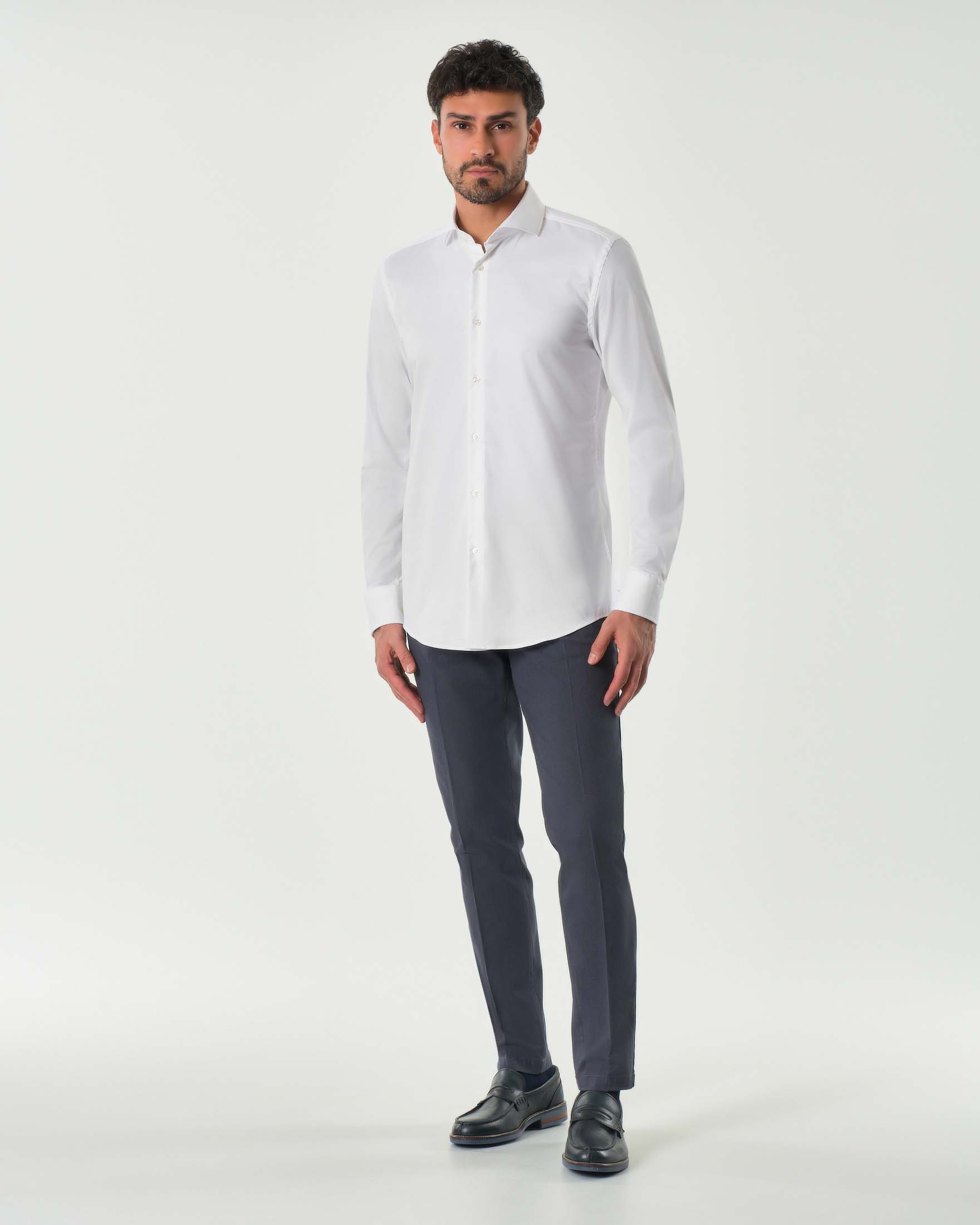Camicia Boss bianca Spread in tessuto micro armatura di cotone stretch con colletto aperto alla francese