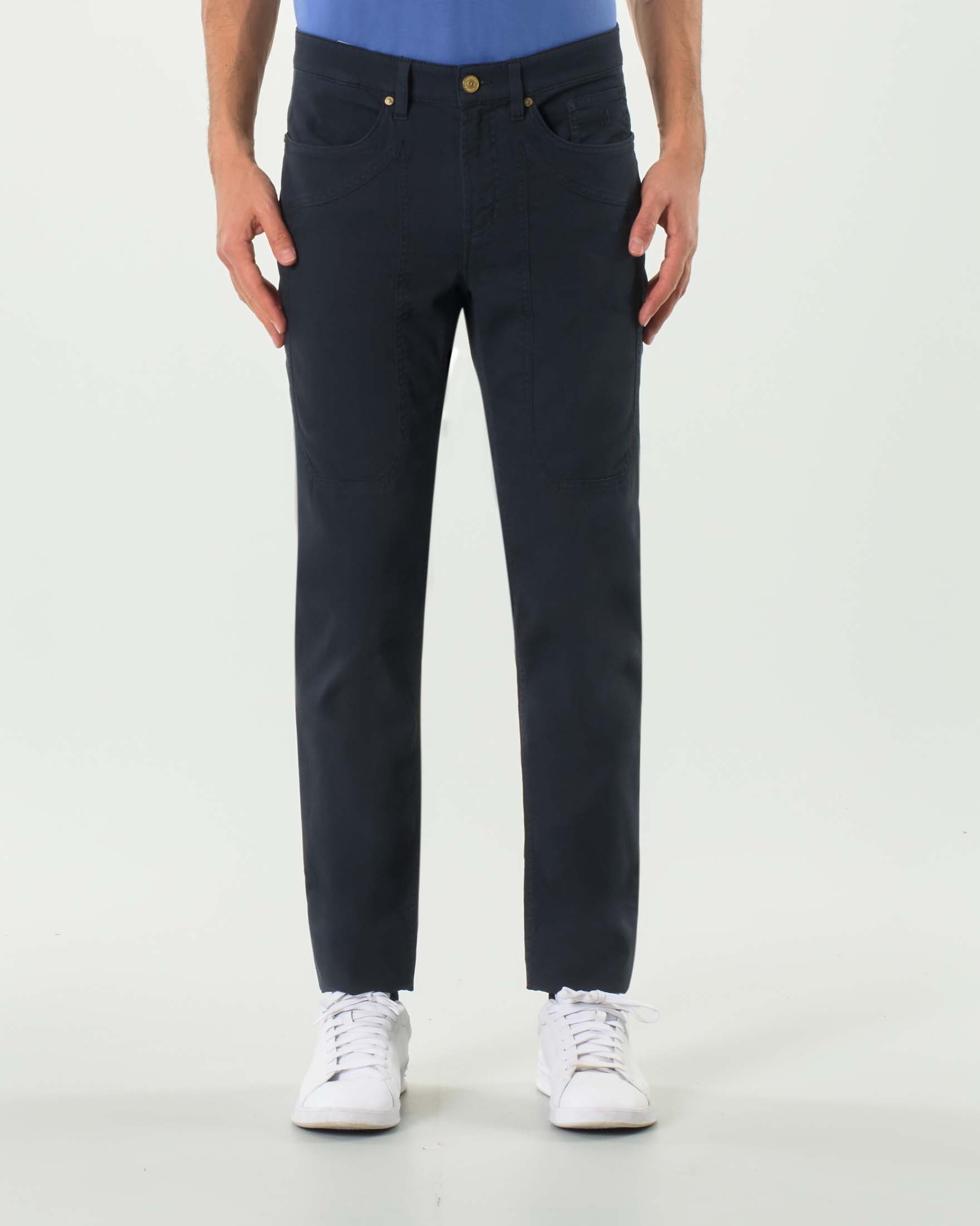 Pantalone Jeckerson blu cinque tasche modello PA077 in cotone stretch micro armatura con toppa