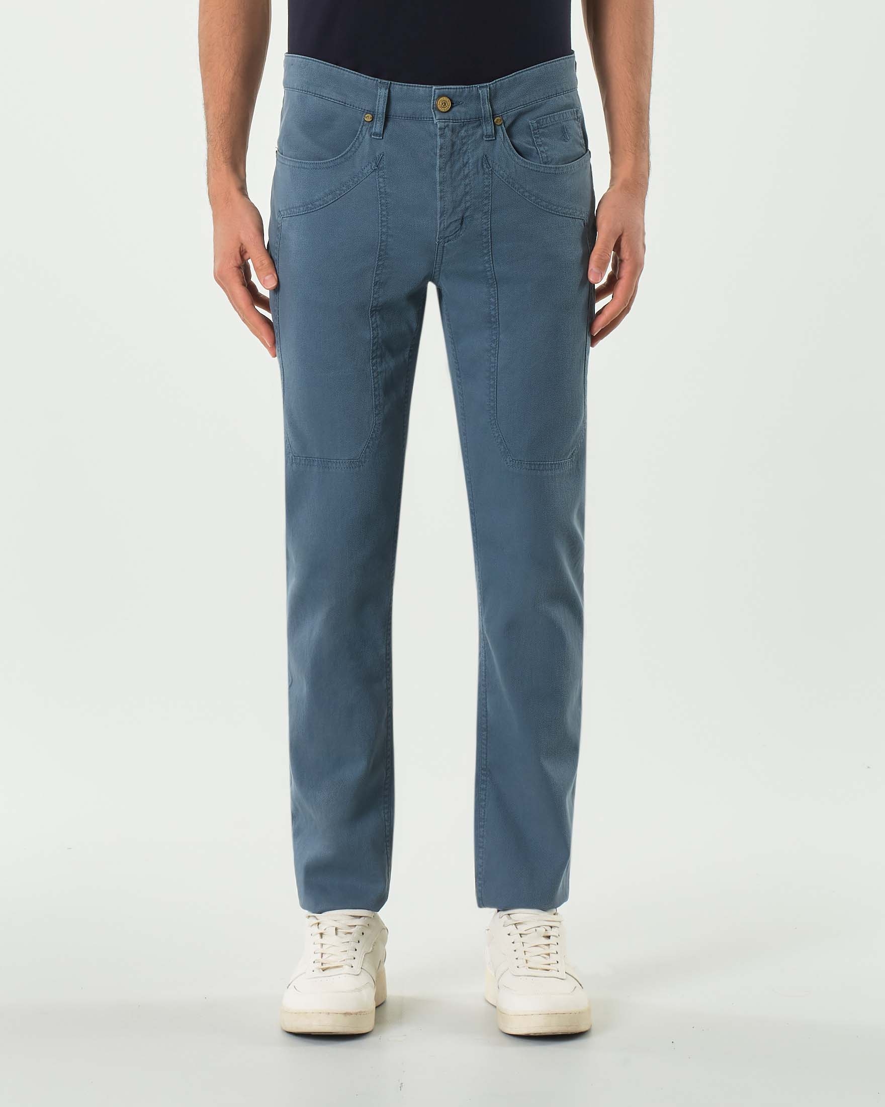 Pantalone Jeckerson blu indaco cinque tasche modello PA077 in cotone stretch micro armatura con toppa