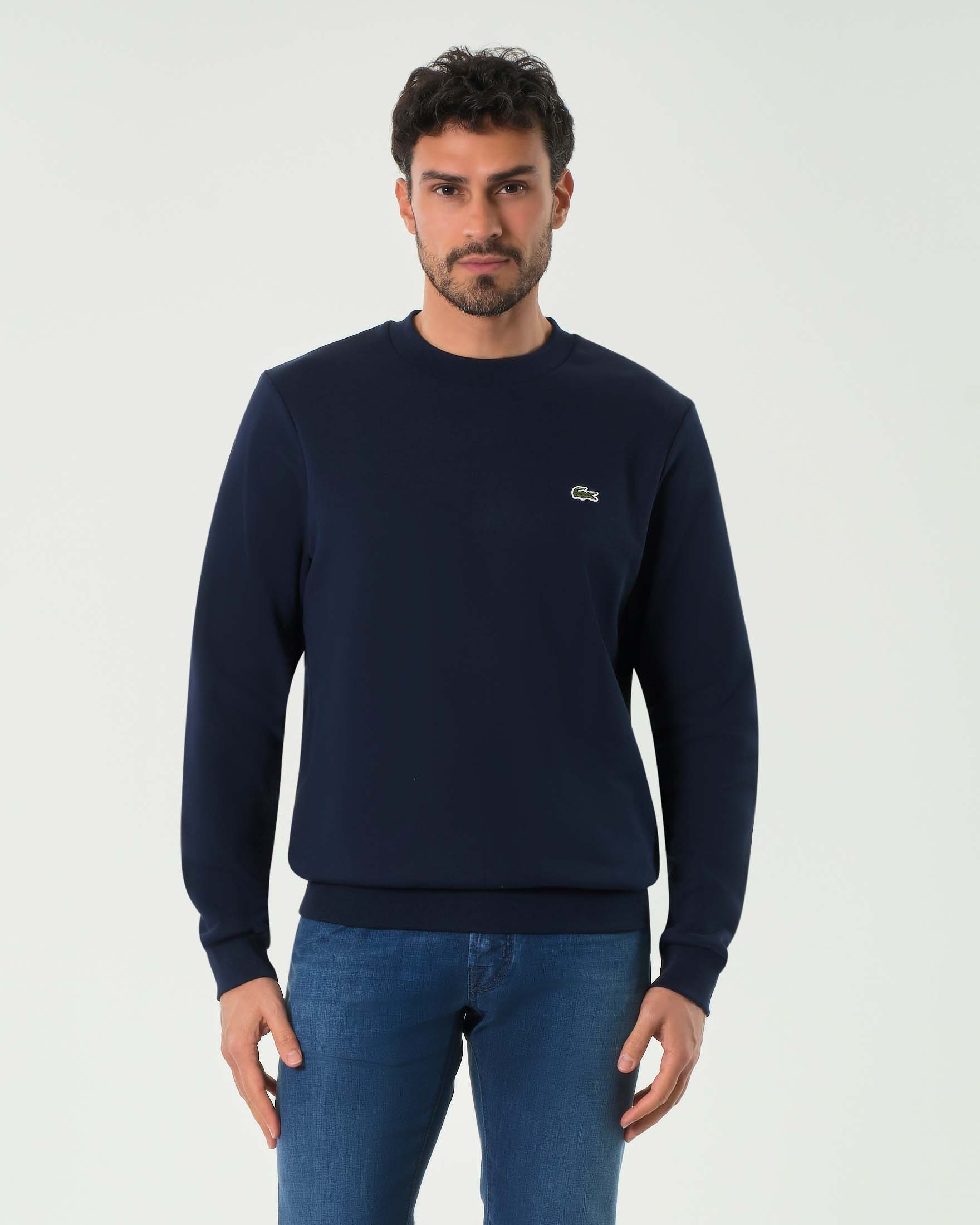 Felpa blu girocollo in puro cotone con logo coccodrillo verde
